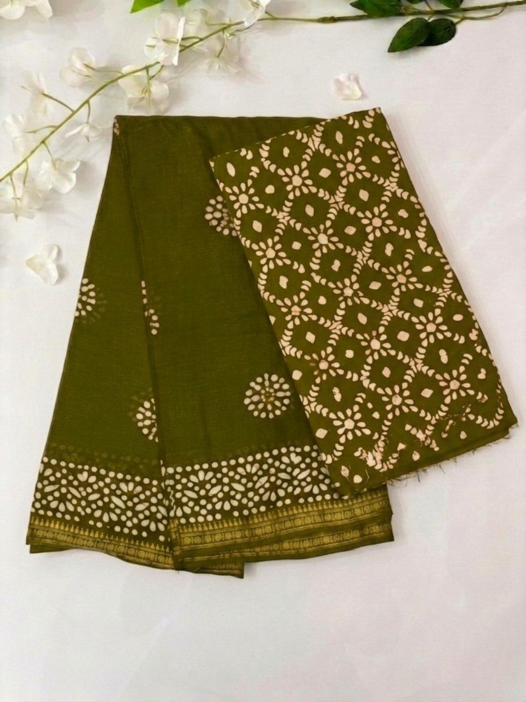 Olive Green Festive Cotton Batik Saree with Blouse Piece