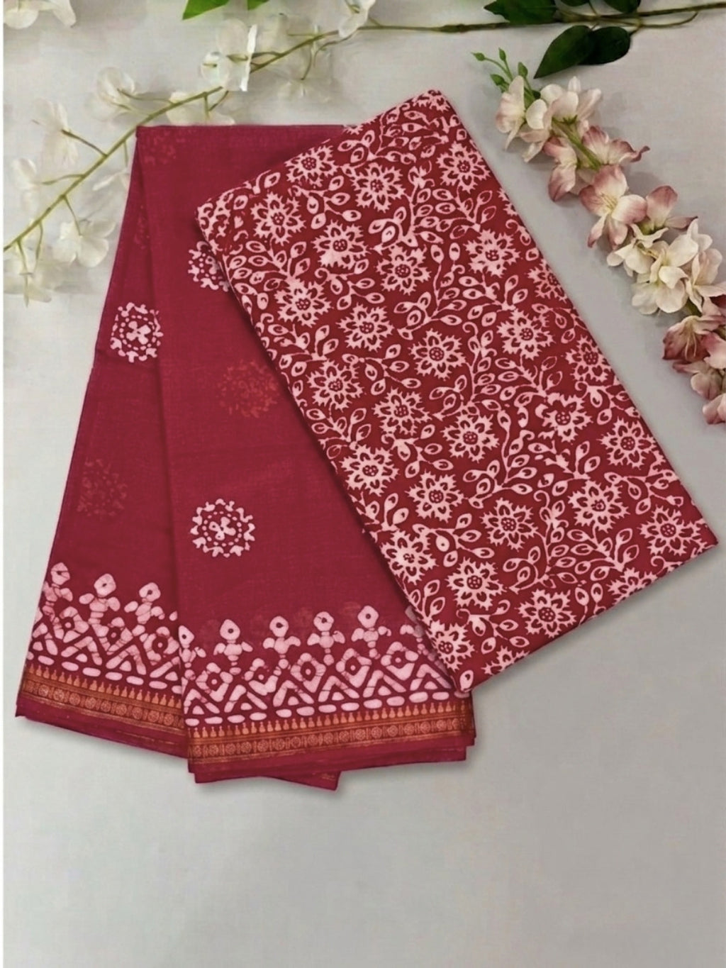 Carrot Splendorous Cotton Batik Saree with Blouse Piece