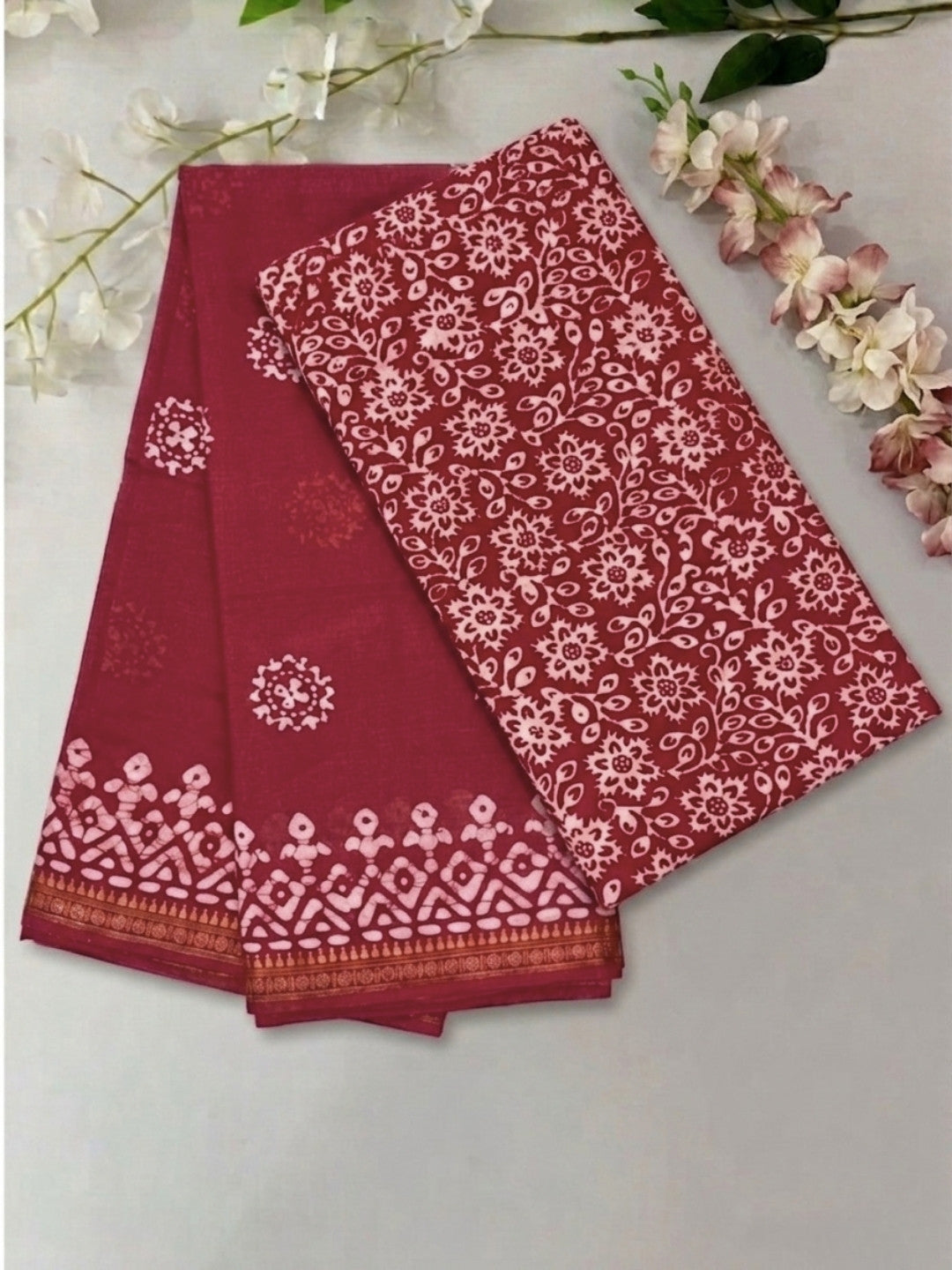 Carrot Splendorous Cotton Batik Saree with Blouse Piece