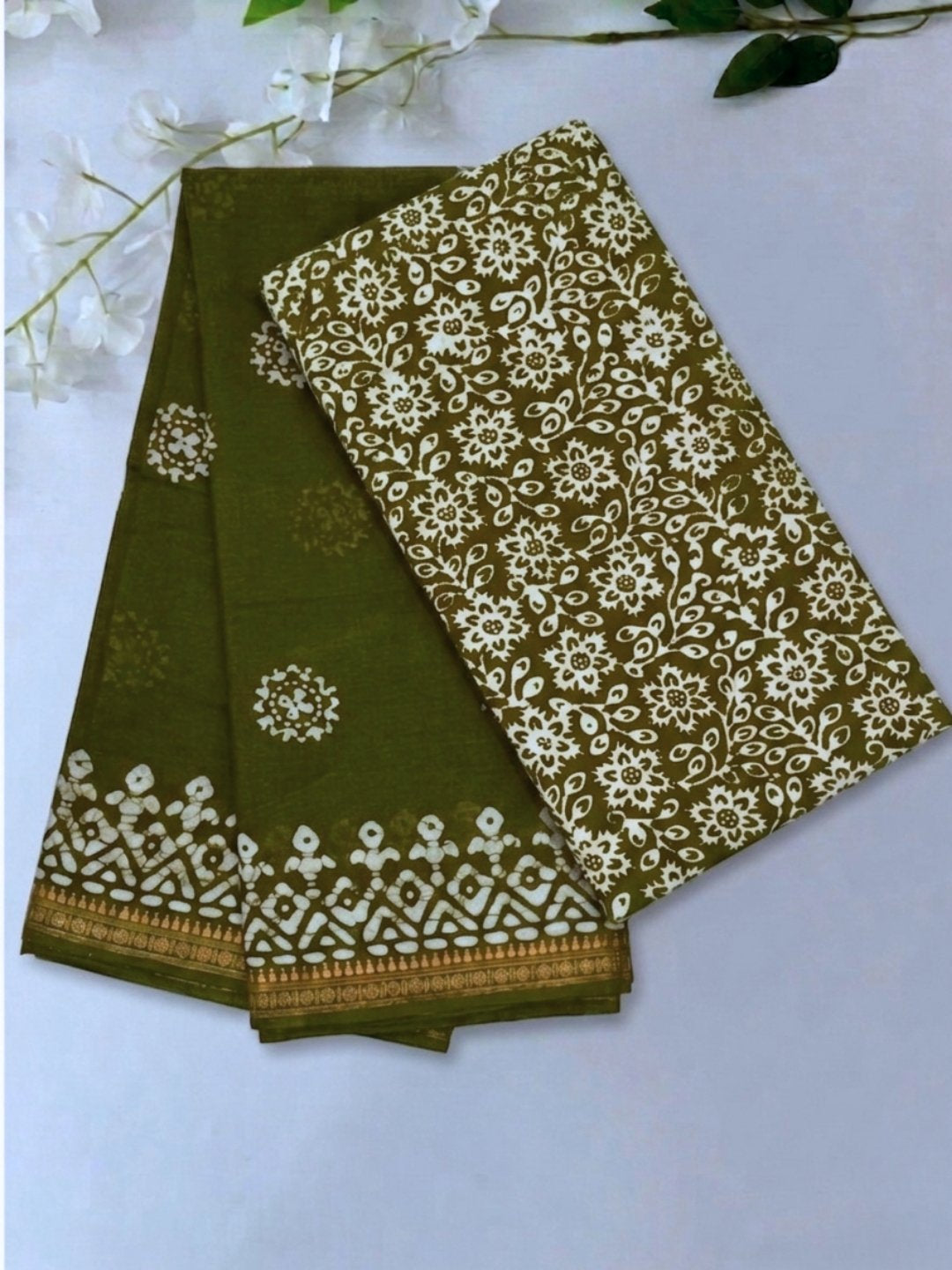 Olive Green Picturesque Cotton Batik Saree with Blouse Piece