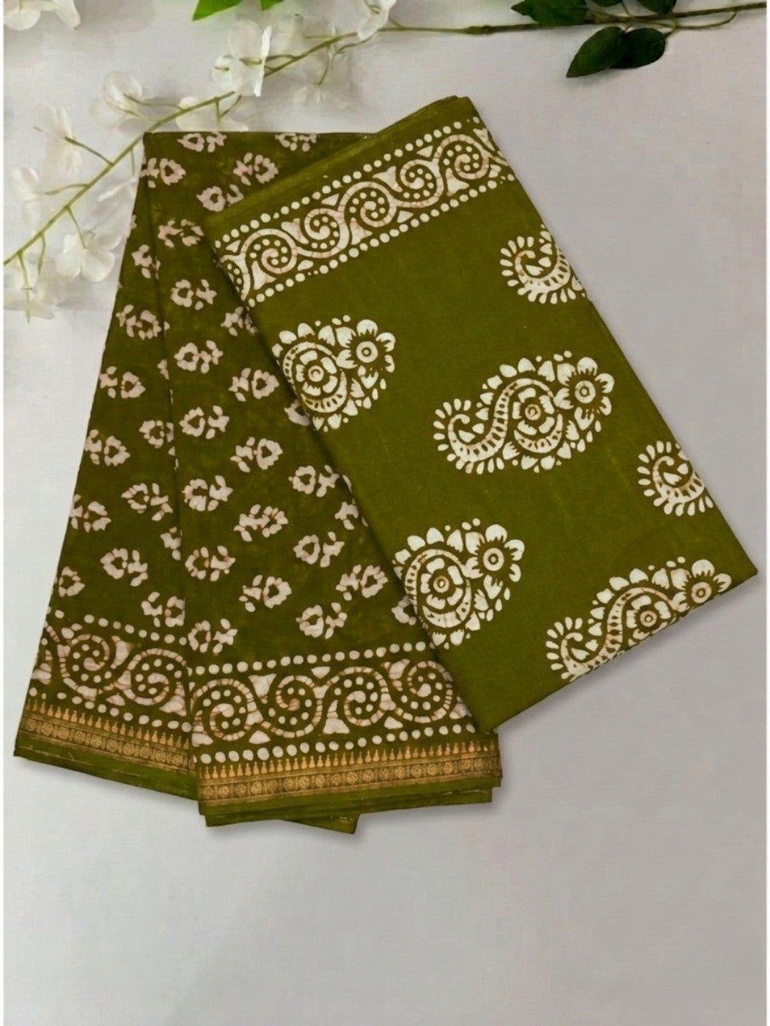 Olive Green Radiant Cotton Batik Saree with Blouse Piece