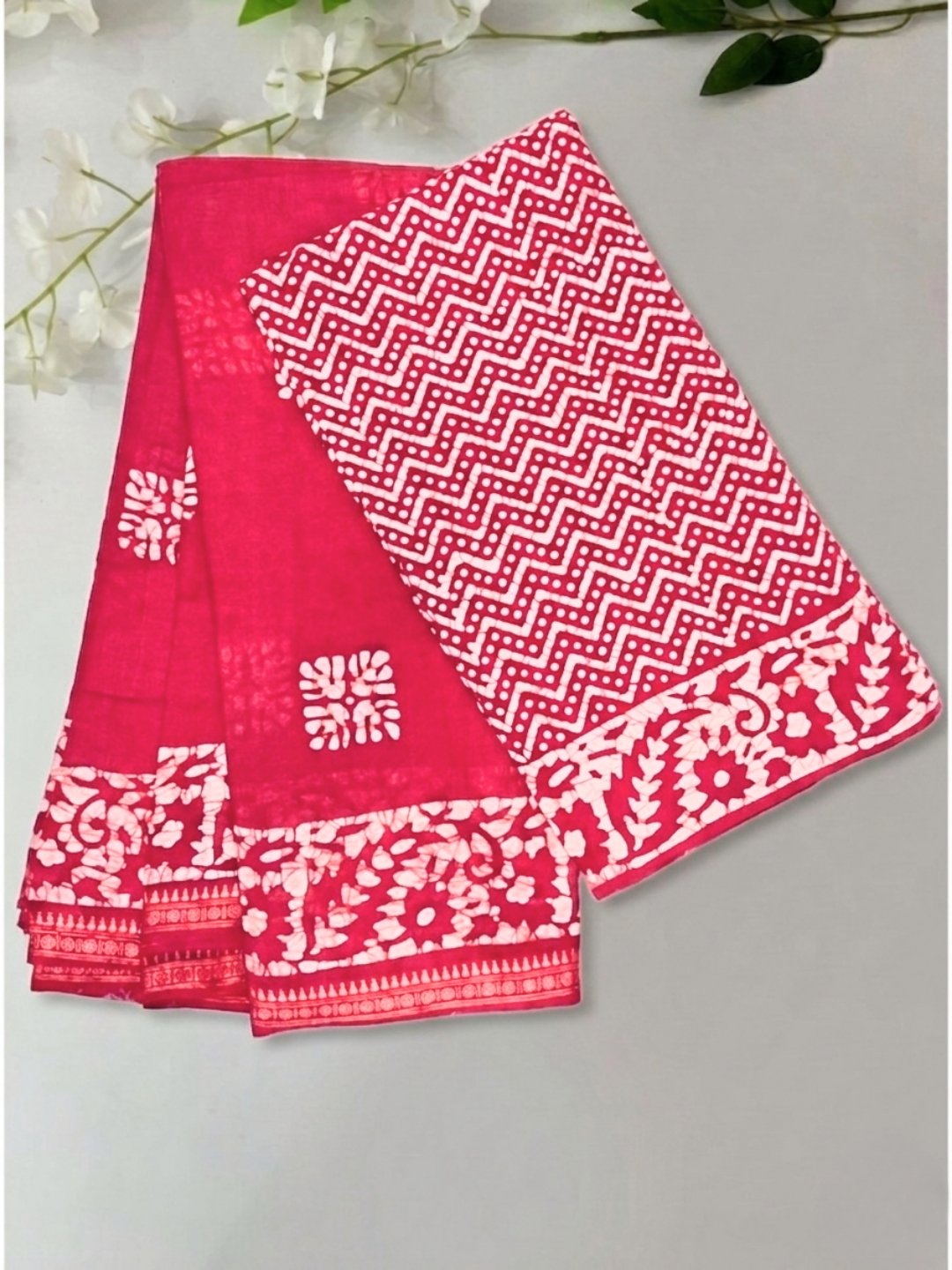 Pink Draped Cotton Batik Saree with Blouse Piece
