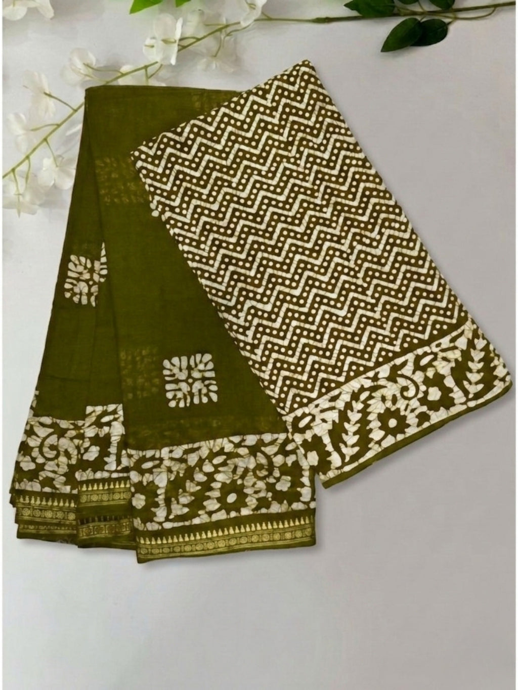 Olive Green Festive Cotton Batik Saree with Blouse Piece