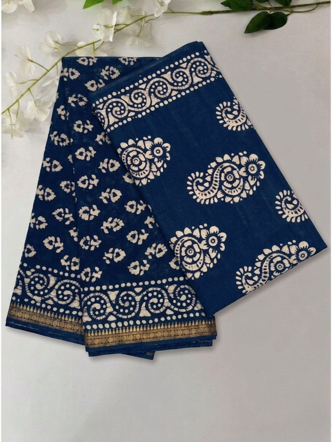Indigo Floral Prints Cotton Batik Saree with Blouse Piece