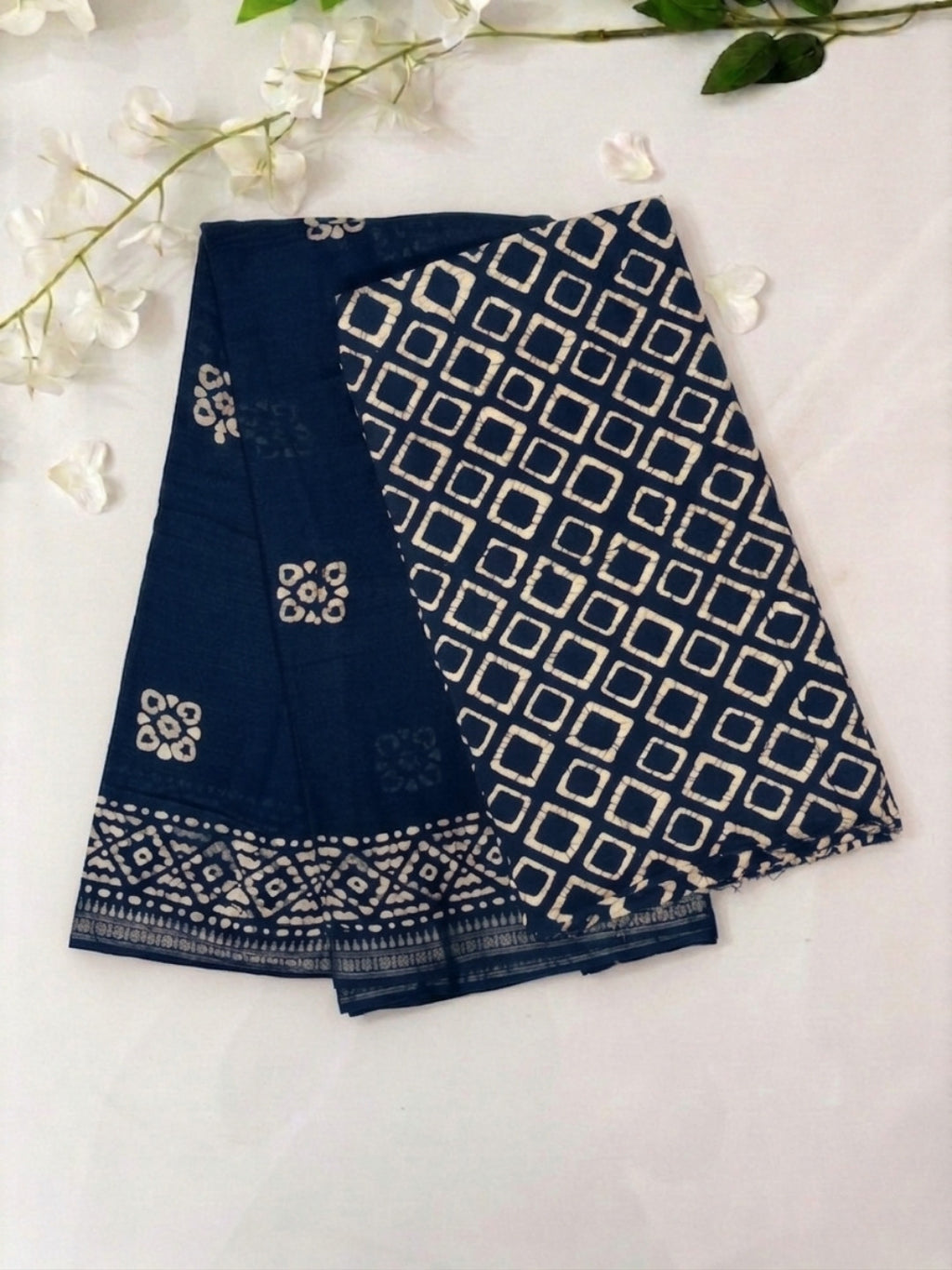 Indigo Premium Cotton Batik Saree with Blouse Piece