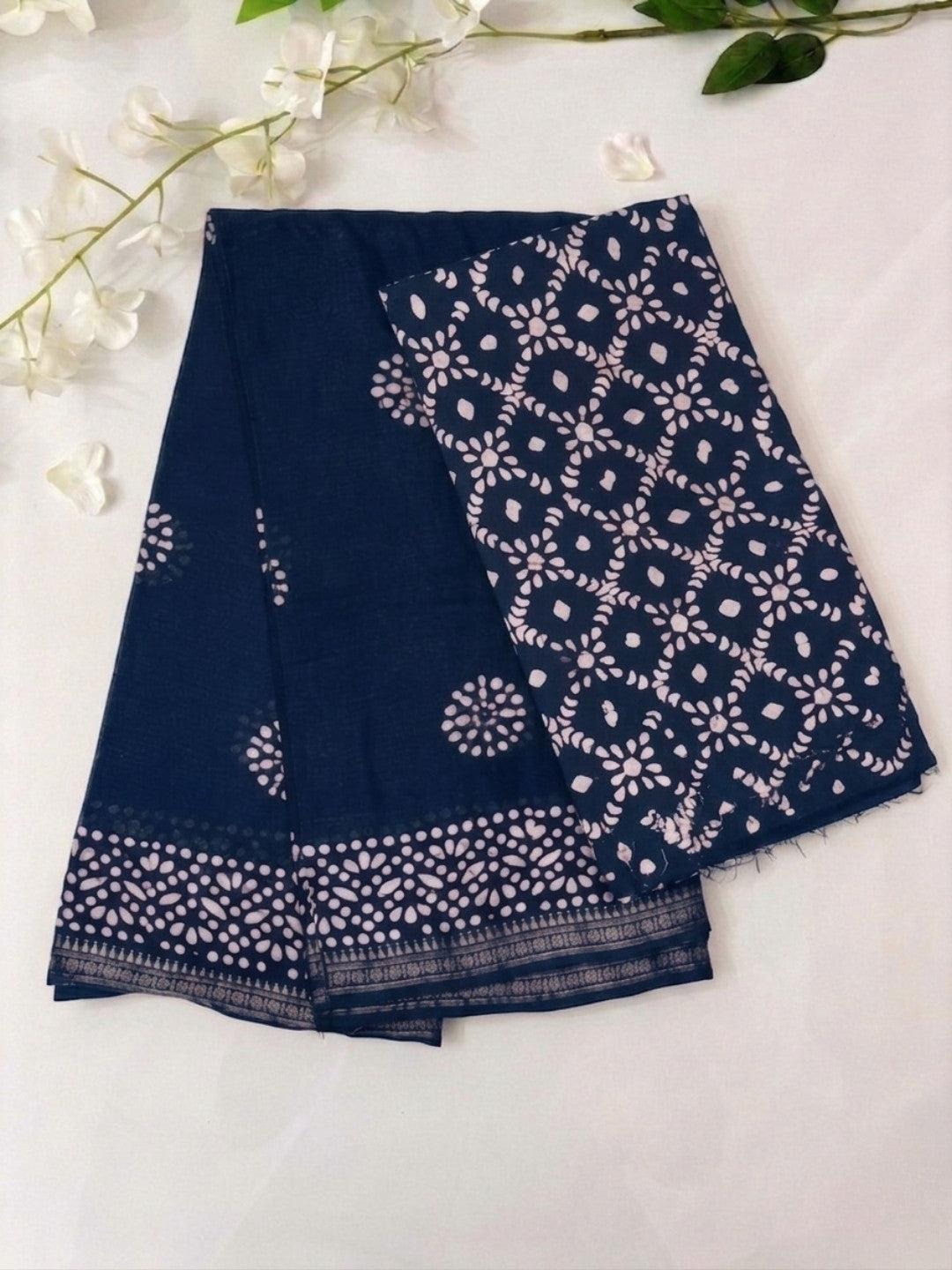 Indigo Traditional Cotton Batik Saree with Blouse Piece
