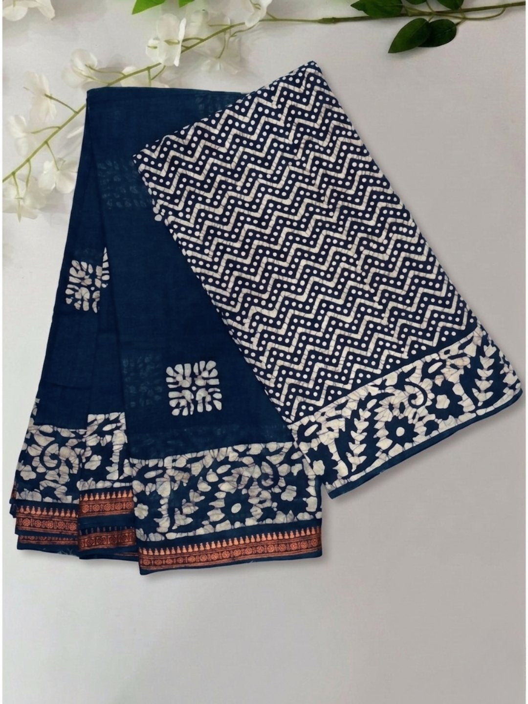 Indigo Floral Prints Cotton Batik Saree with Blouse Piece