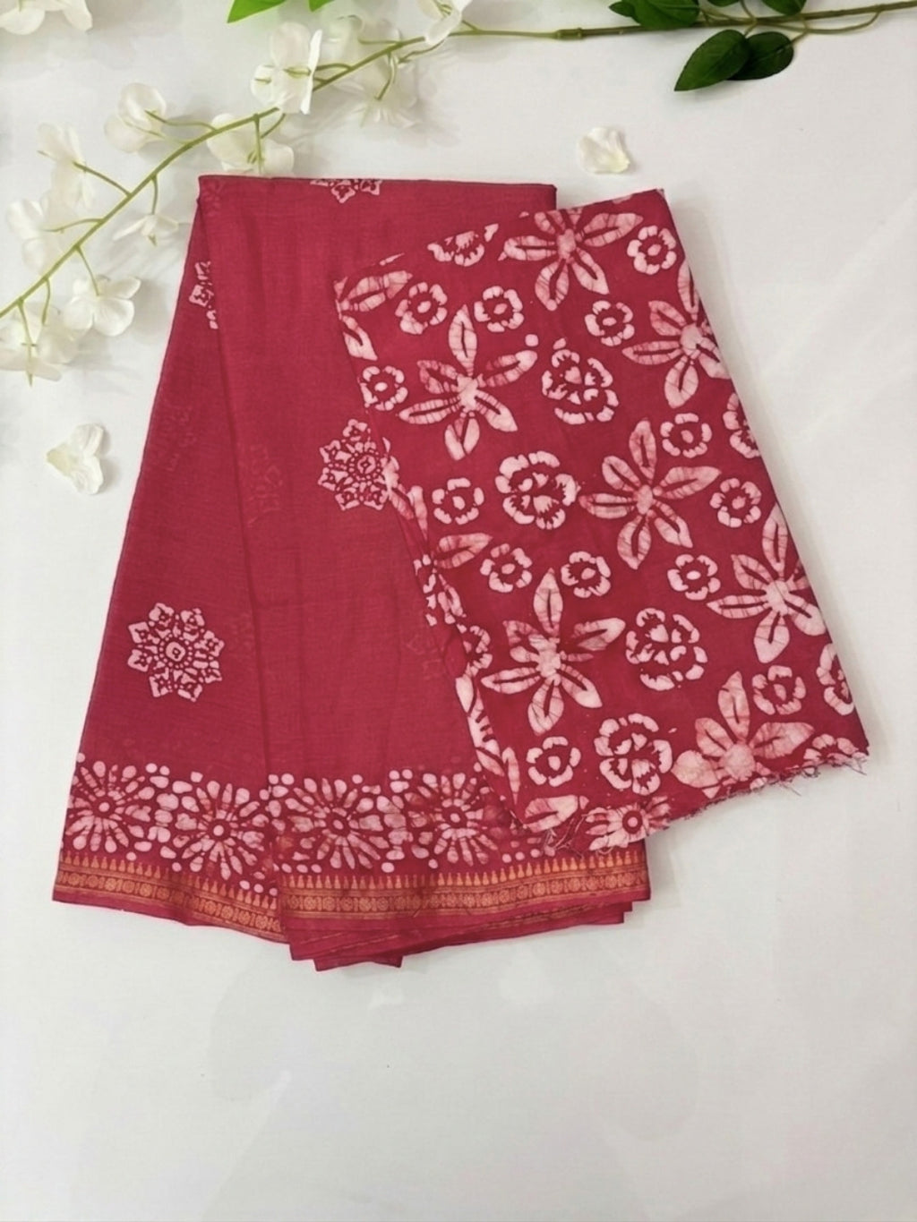 Carrot Striking Cotton Batik Saree with Blouse Piece