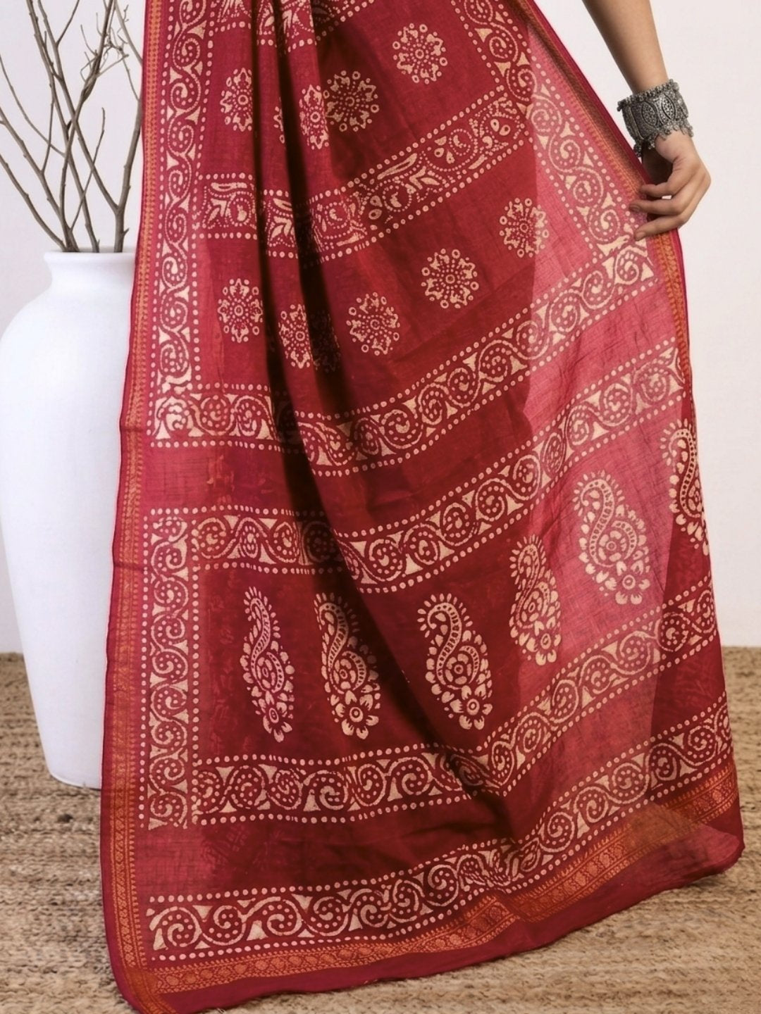 Carrot Enchanting Cotton Batik Saree with Blouse Piece