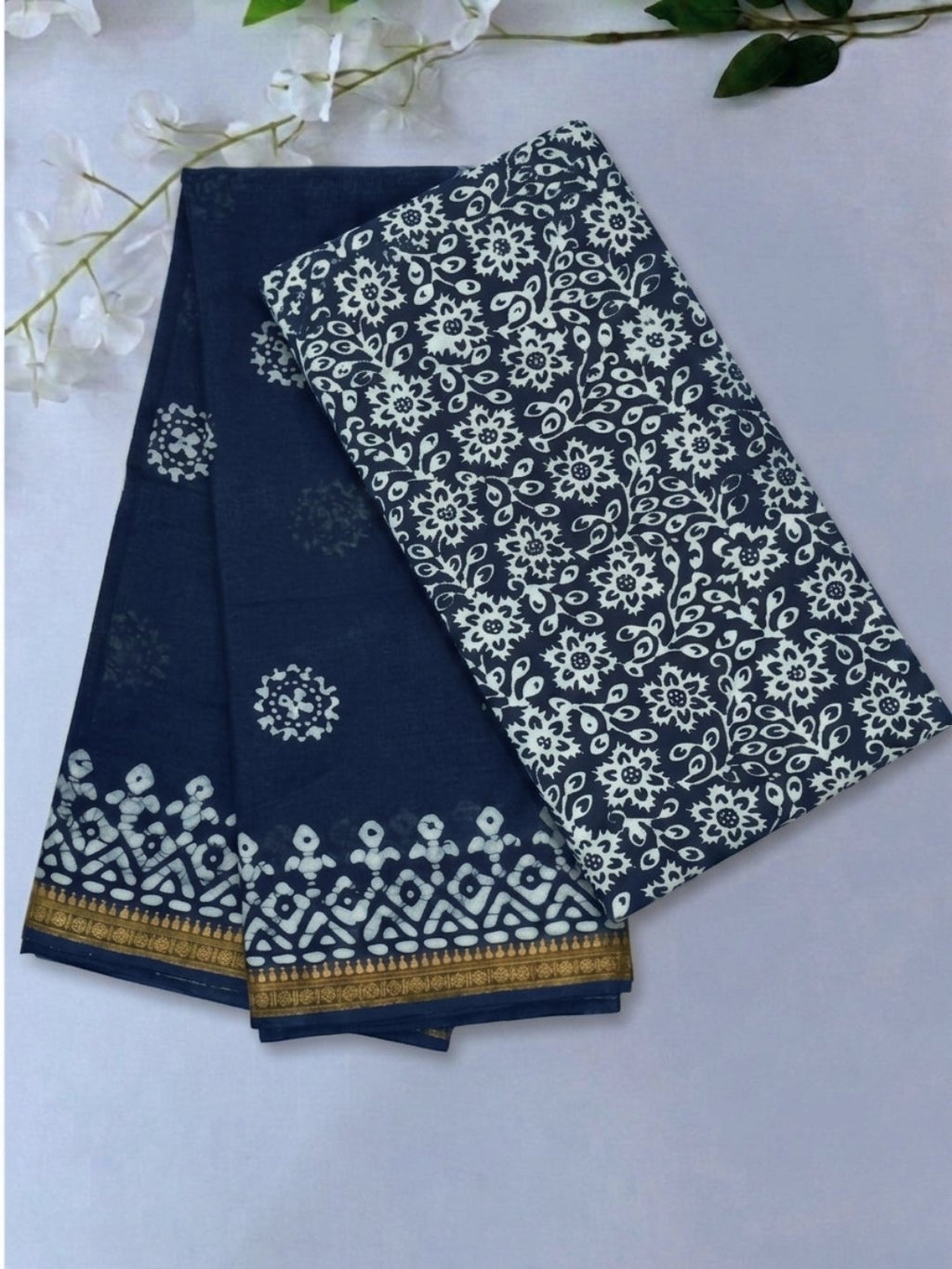 Indigo Elegant Cotton Batik Saree with Blouse Piece