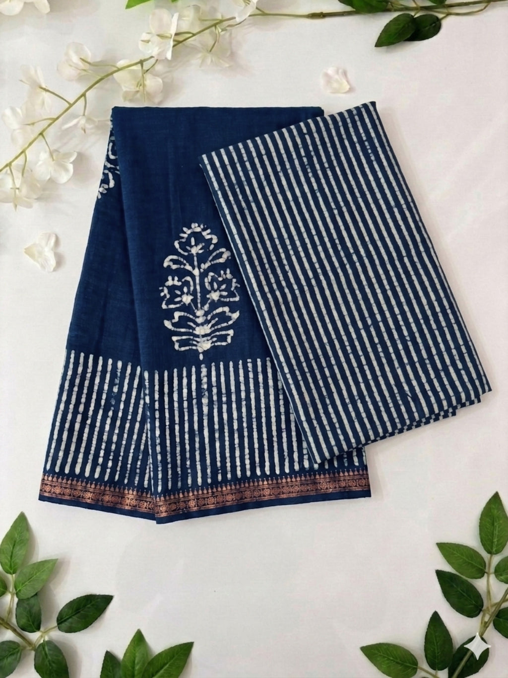 Indigo Premium Cotton Batik Saree with Blouse Piece