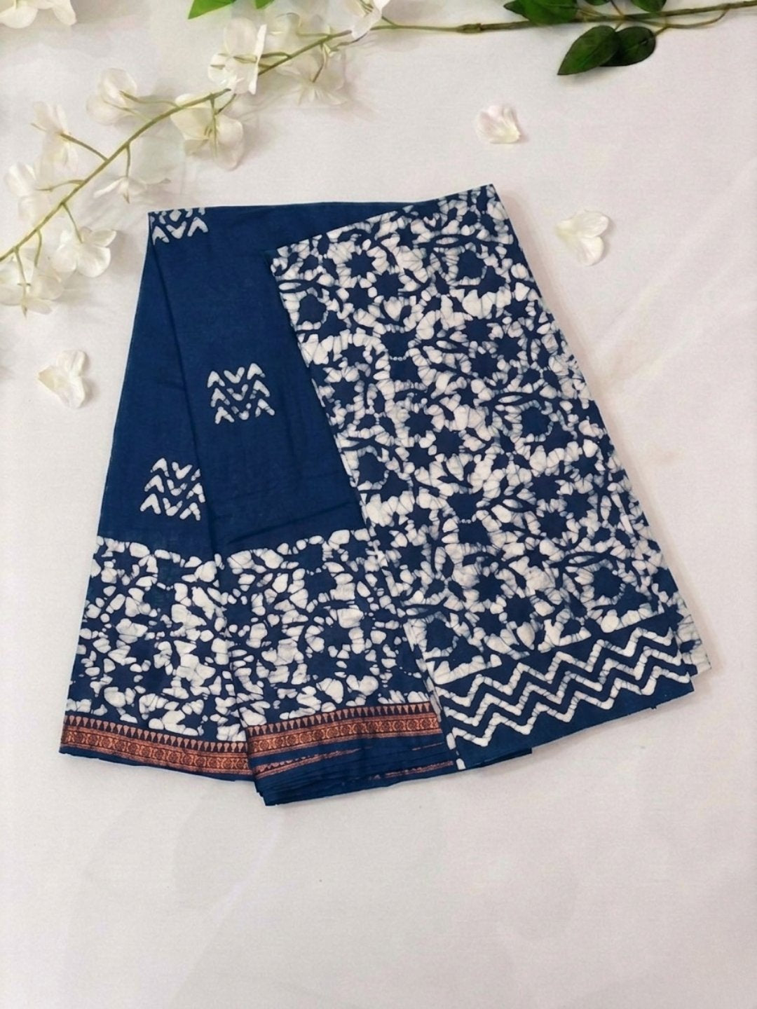 Indigo Premium Cotton Batik Saree with Blouse Piece
