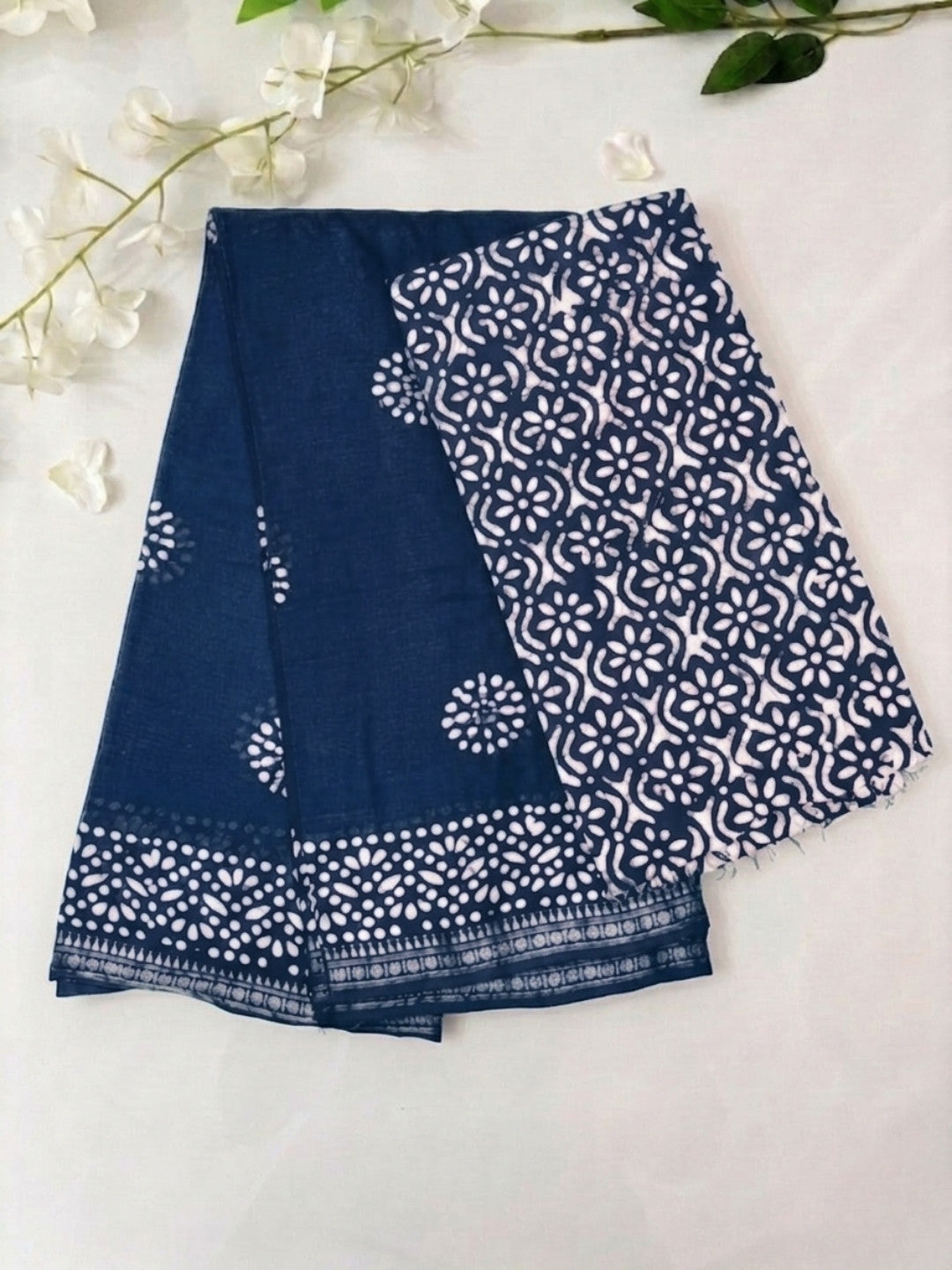Indigo Floral Prints Cotton Batik Saree with Blouse Piece