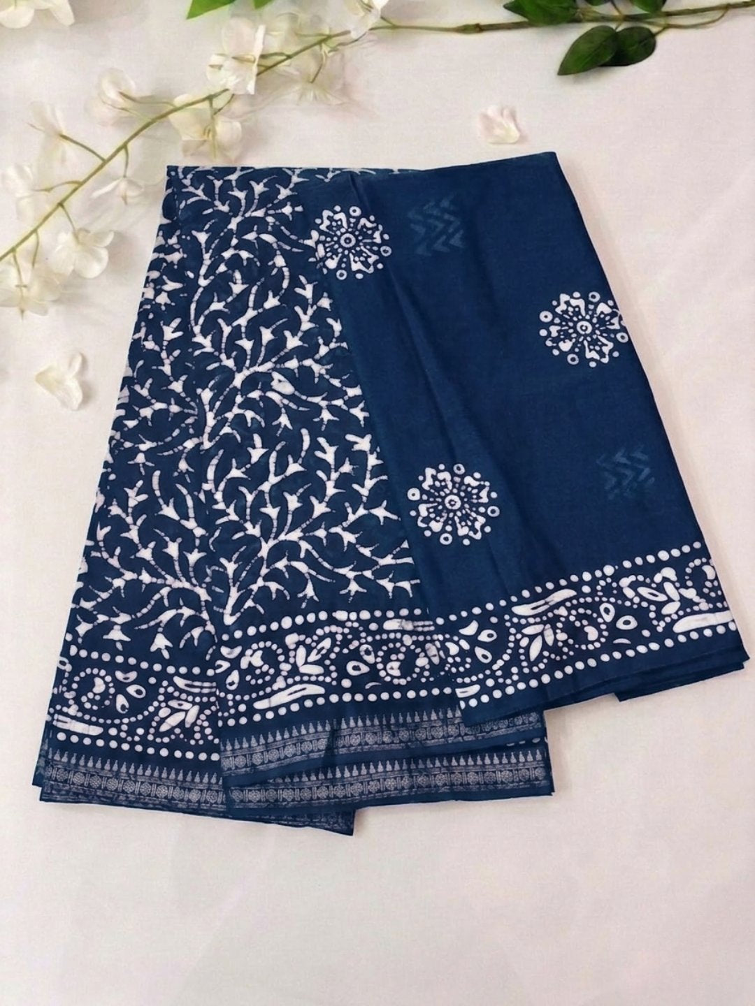 Indigo Traditional Cotton Batik Saree with Blouse Piece