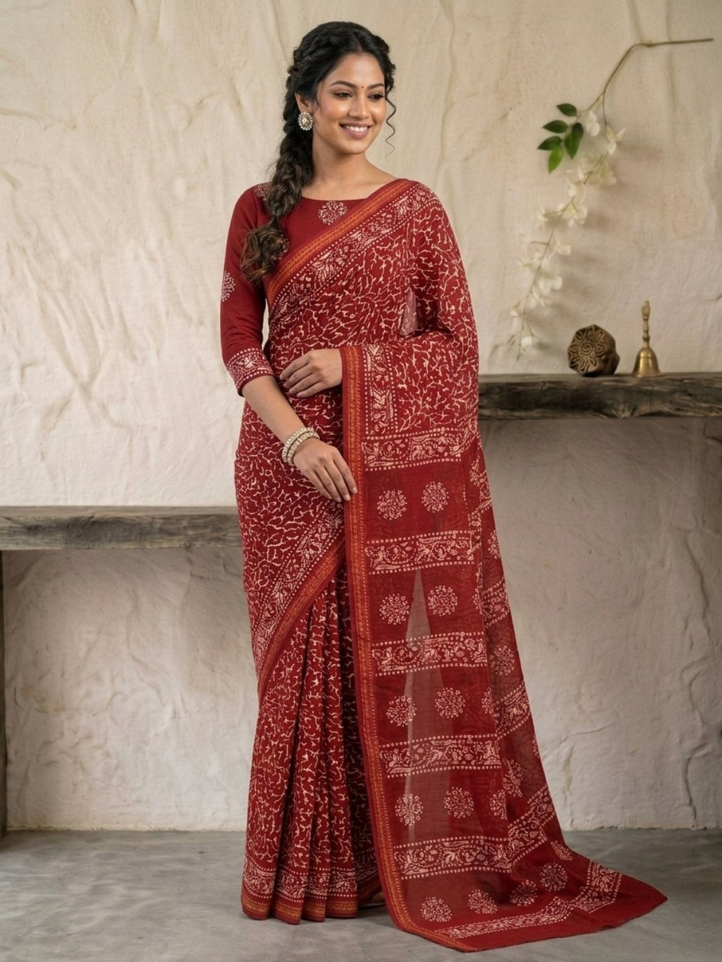 Red Divine Cotton Batik Saree with Blouse Piece