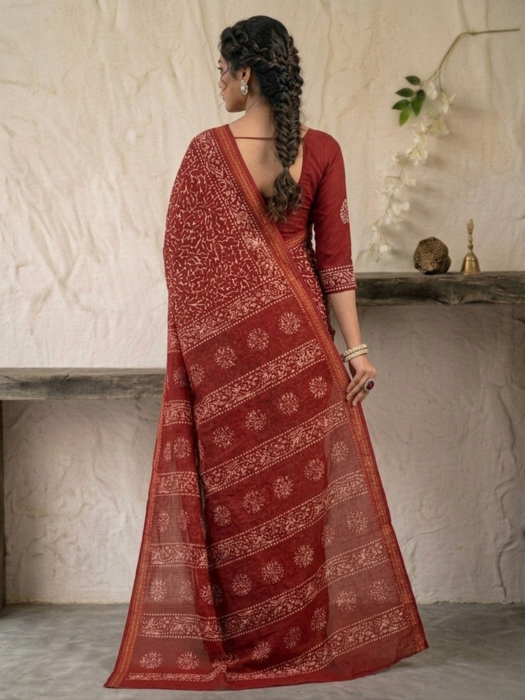 Red Divine Cotton Batik Saree with Blouse Piece