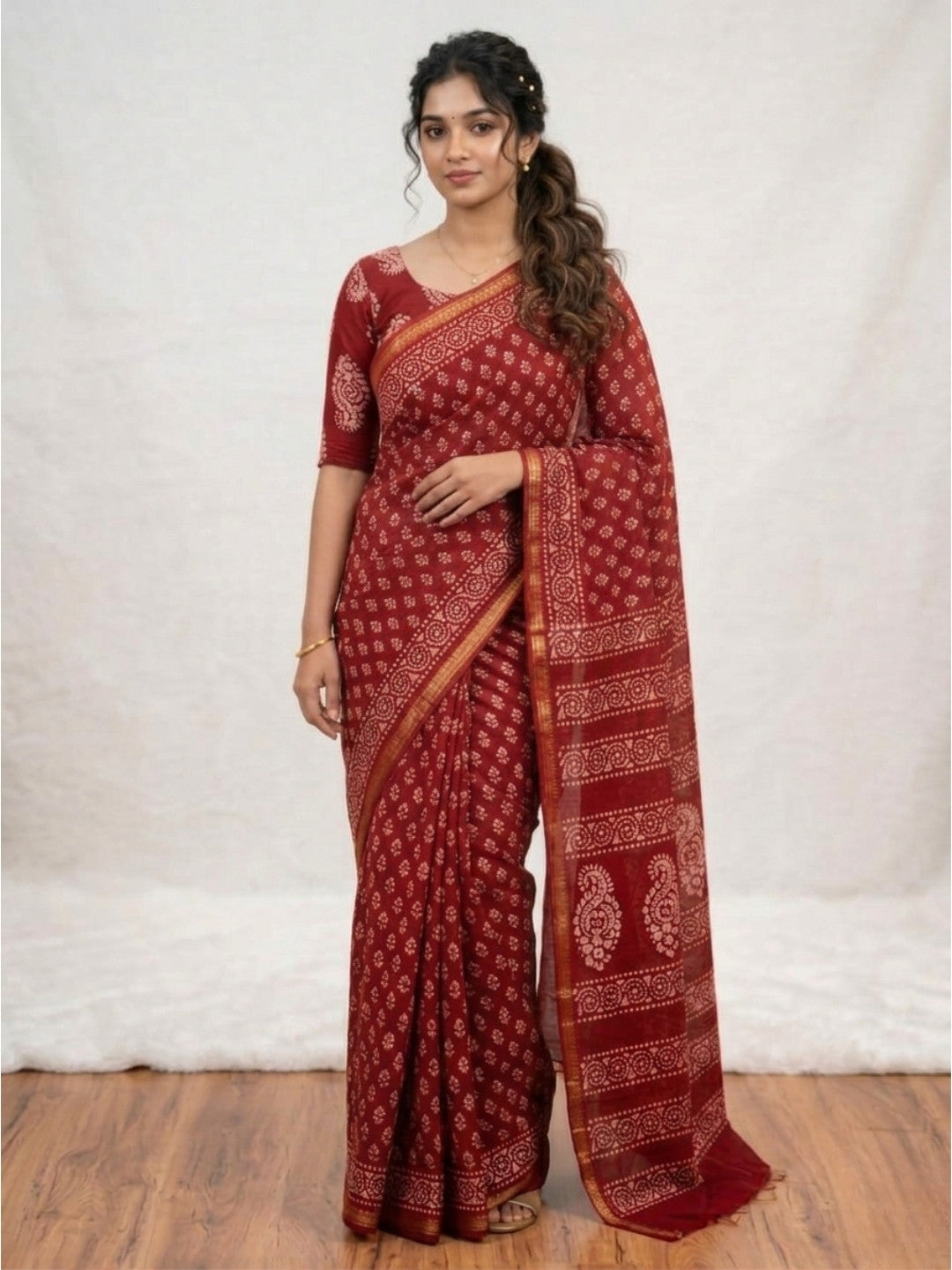 Red Majestic Cotton Batik Saree with Blouse Piece