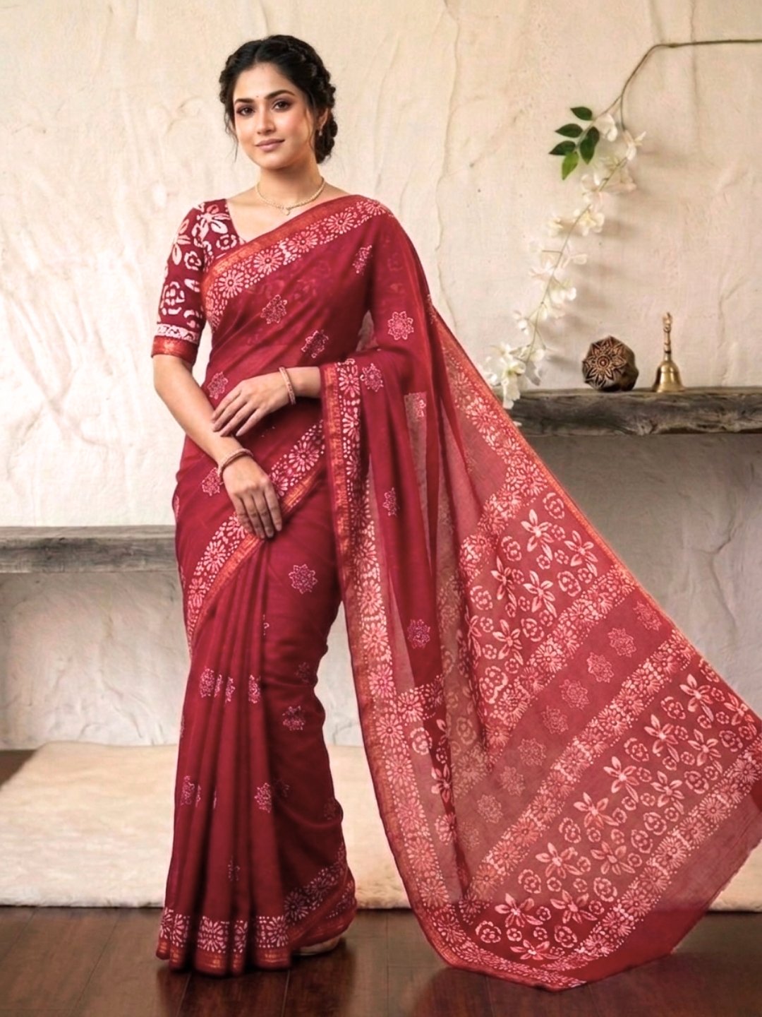 Carrot Striking Cotton Batik Saree with Blouse Piece