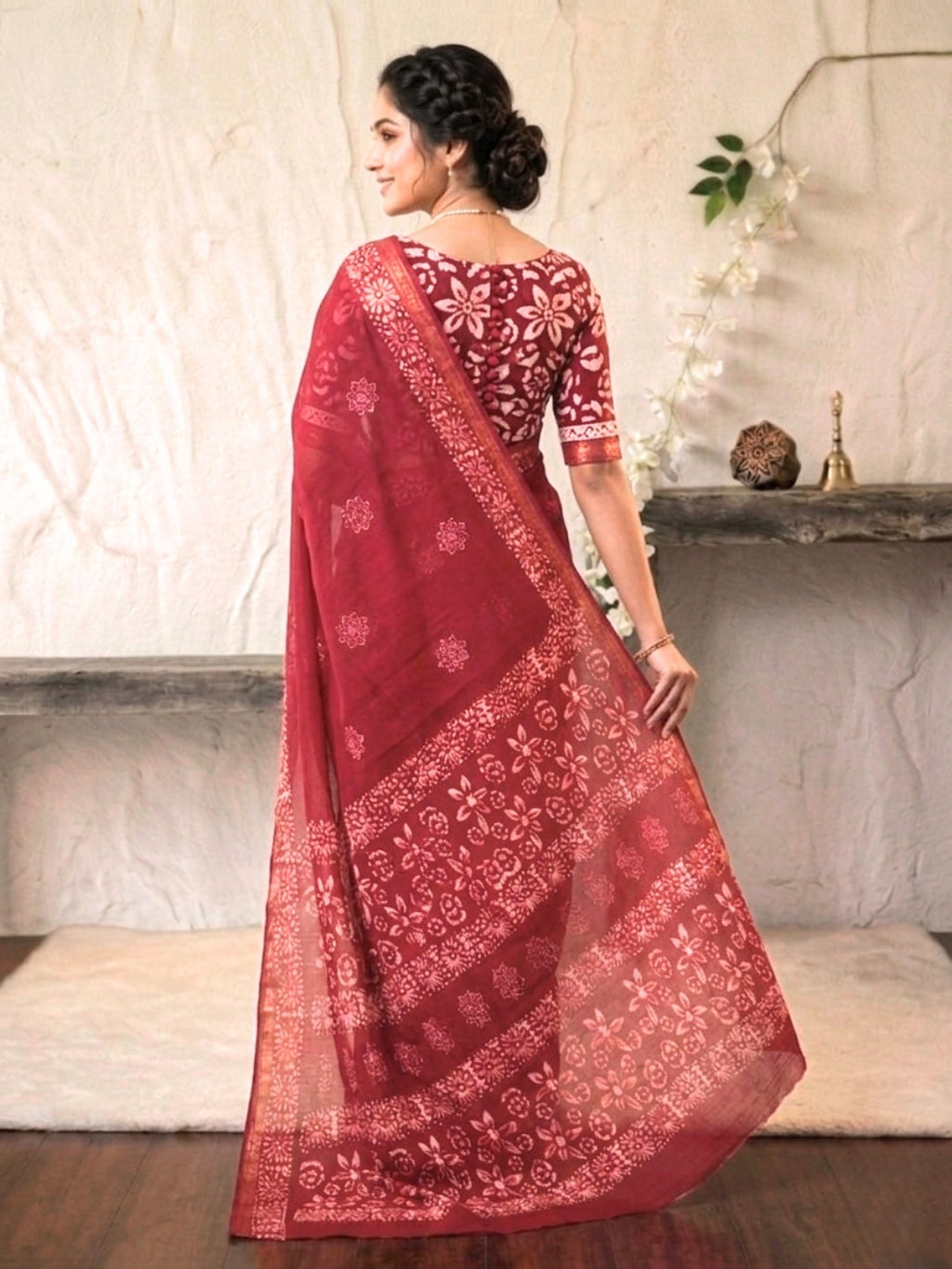 Carrot Striking Cotton Batik Saree with Blouse Piece