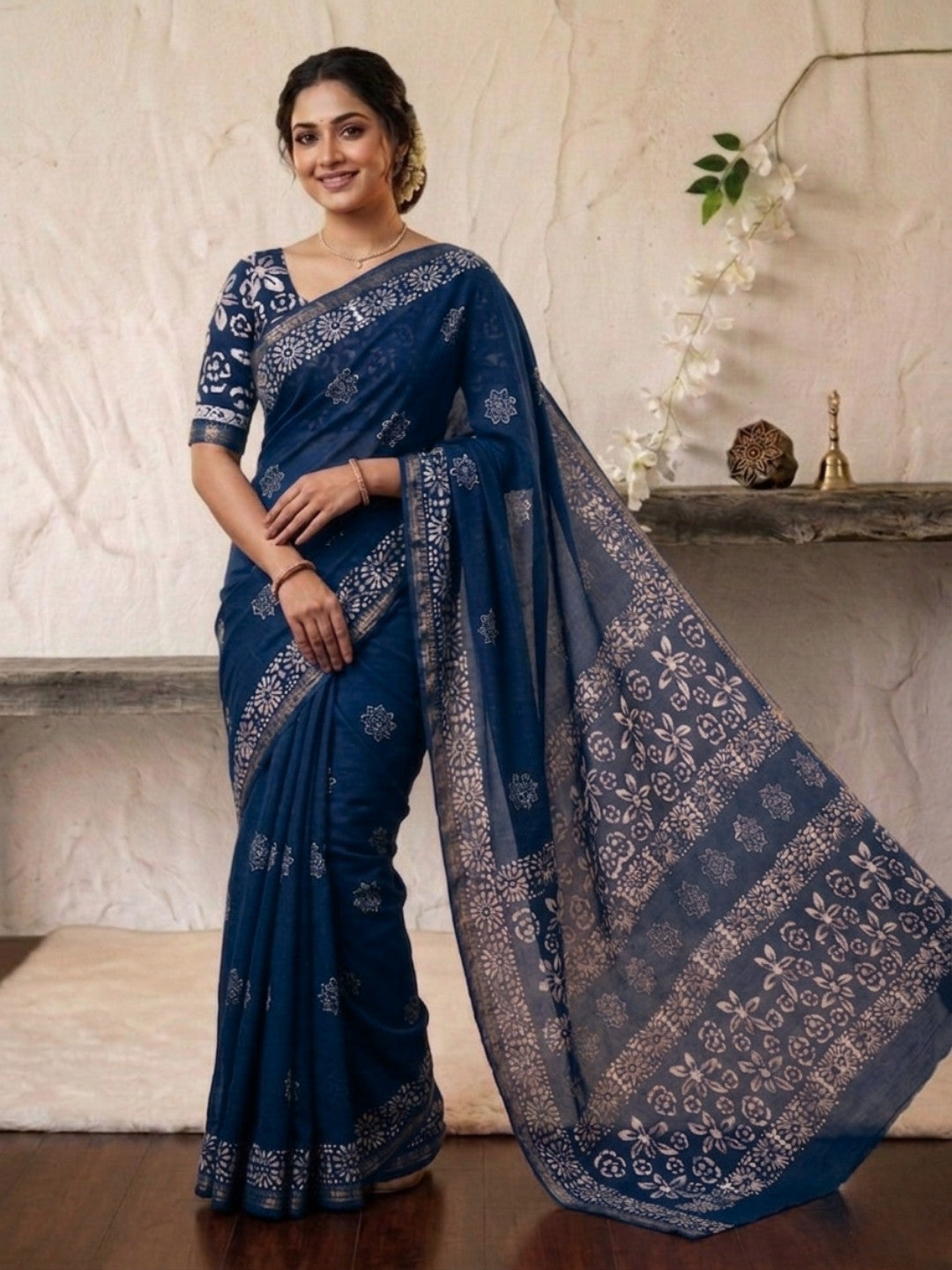 Indigo Elegant Cotton Batik Saree with Blouse Piece