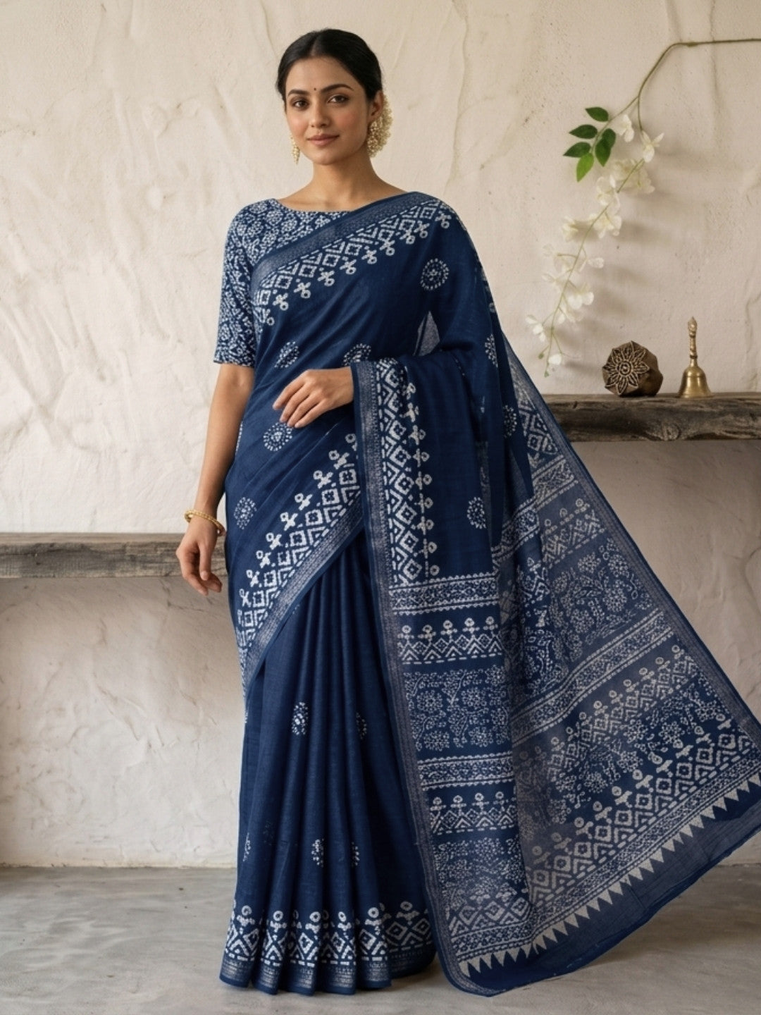 Indigo Elegant Cotton Batik Saree with Blouse Piece