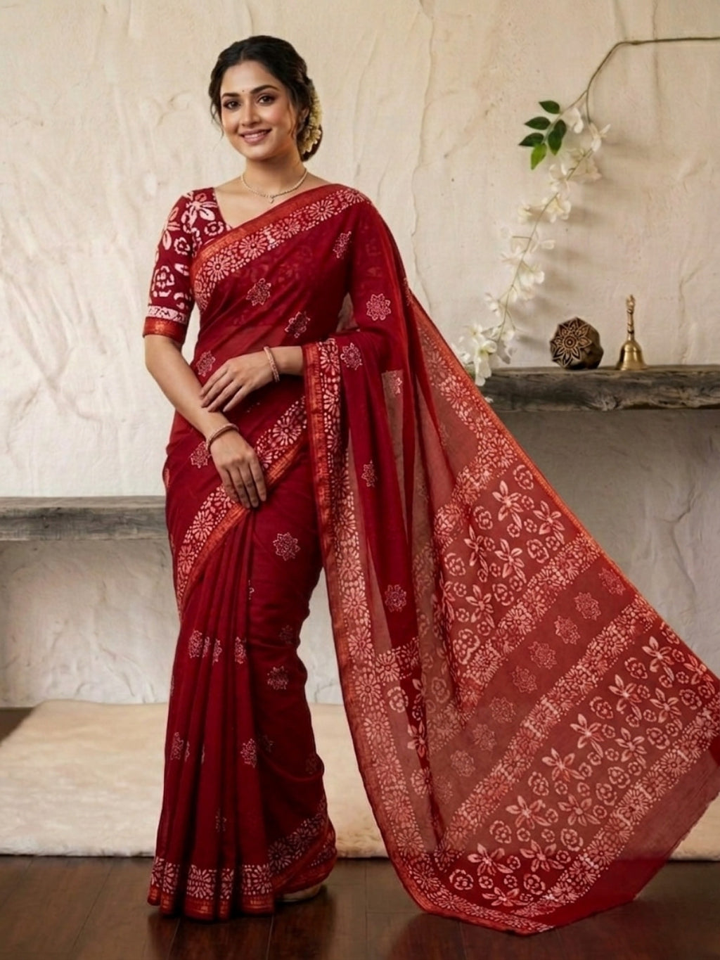 Red Sublime Cotton Batik Saree with Blouse Piece
