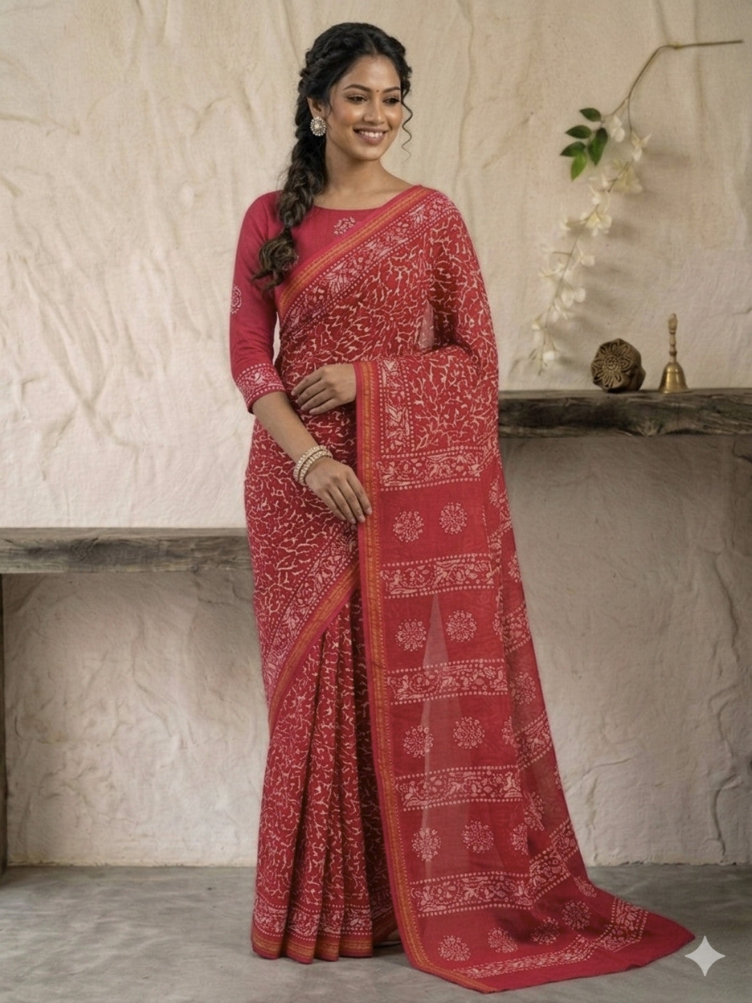 Carrot Bold Cotton Batik Saree with Blouse Piece