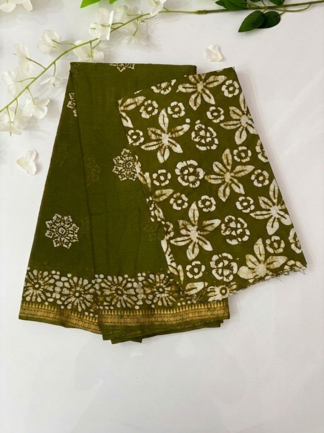 Olive Green Festive Cotton Batik Saree with Blouse Piece