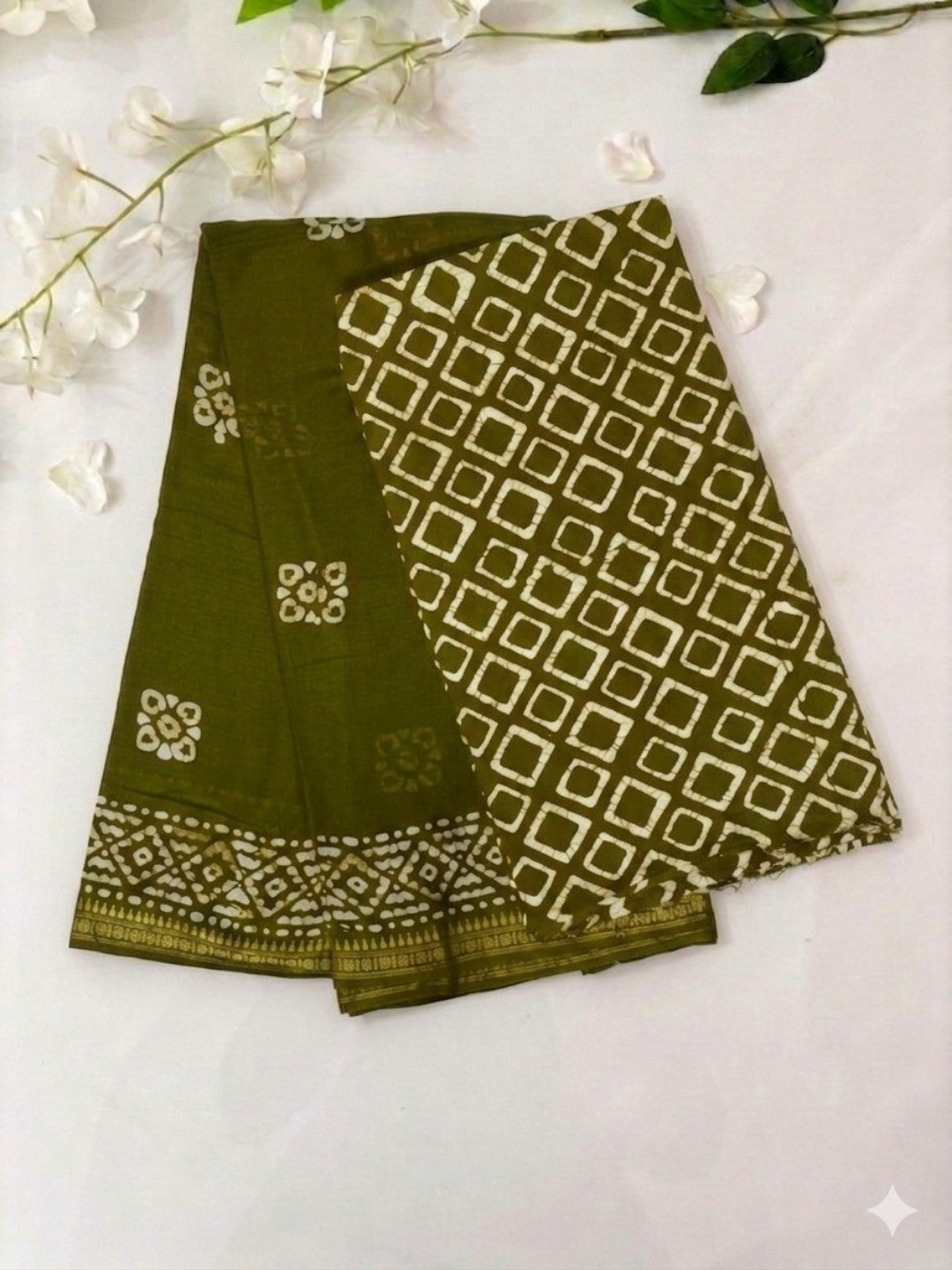 Olive Green Picturesque Cotton Batik Saree with Blouse Piece