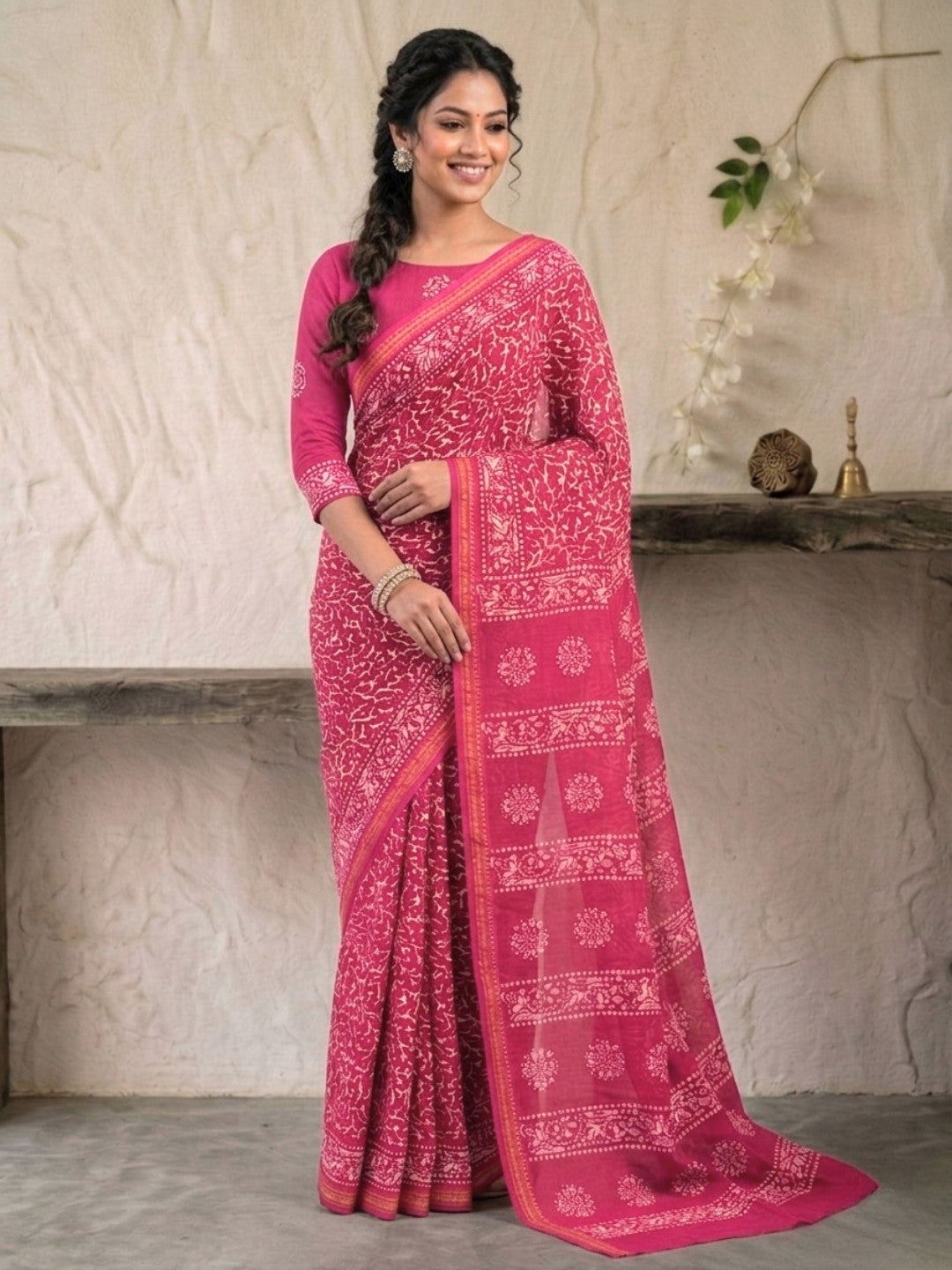 Pink Serene Cotton Batik Saree with Blouse Piece