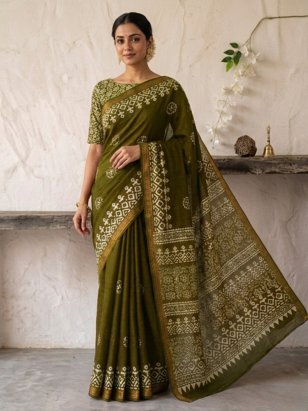 Olive Green Picturesque Cotton Batik Saree with Blouse Piece