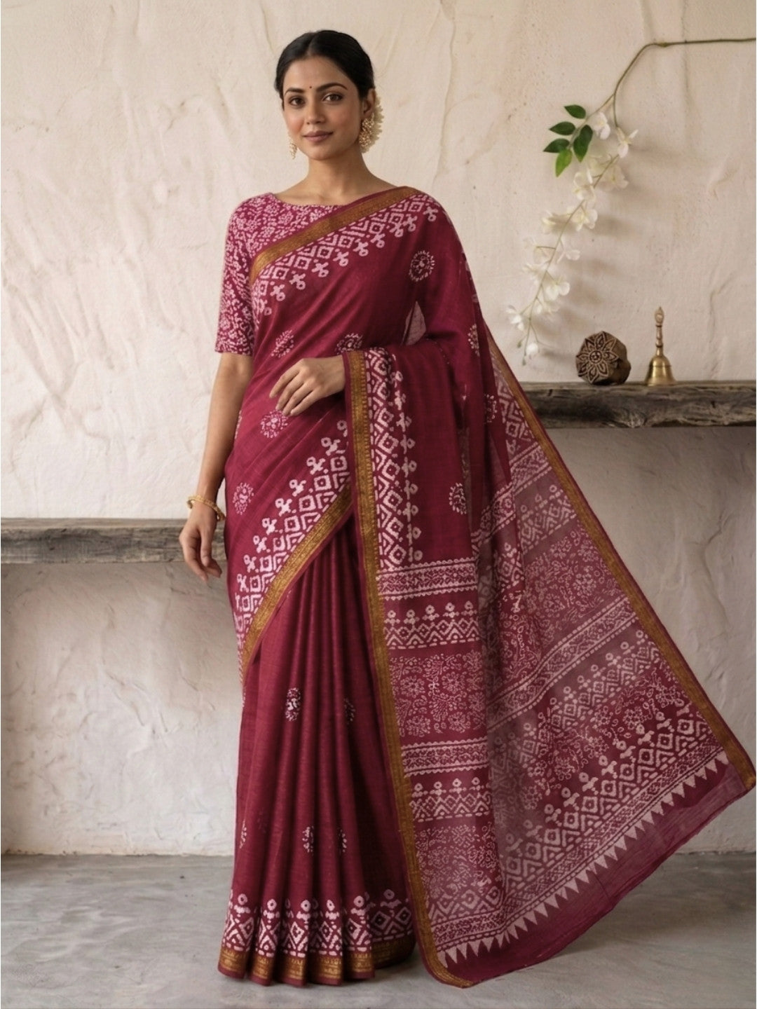 Carrot Splendorous Cotton Batik Saree with Blouse Piece