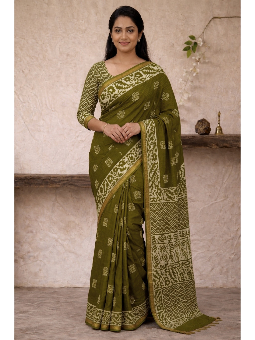Olive Green Festive Cotton Batik Saree with Blouse Piece