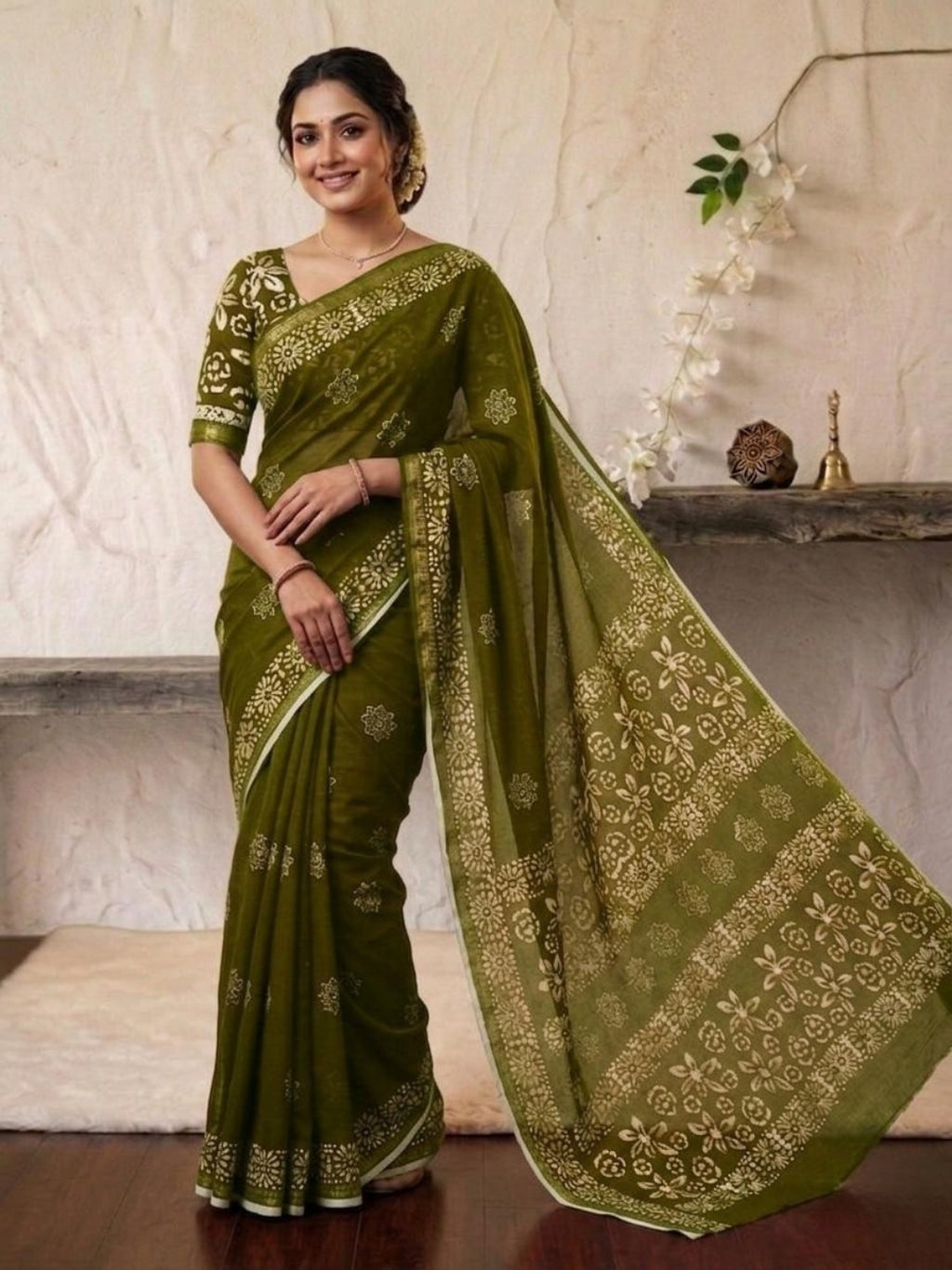 Olive Green Festive Cotton Batik Saree with Blouse Piece
