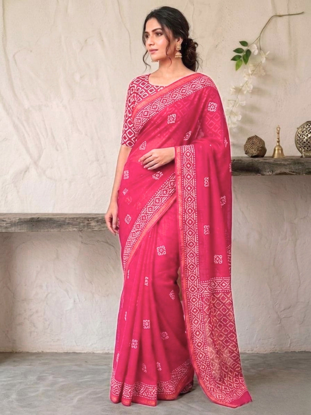 Pink Elegant Cotton Batik Saree with Blouse Piece