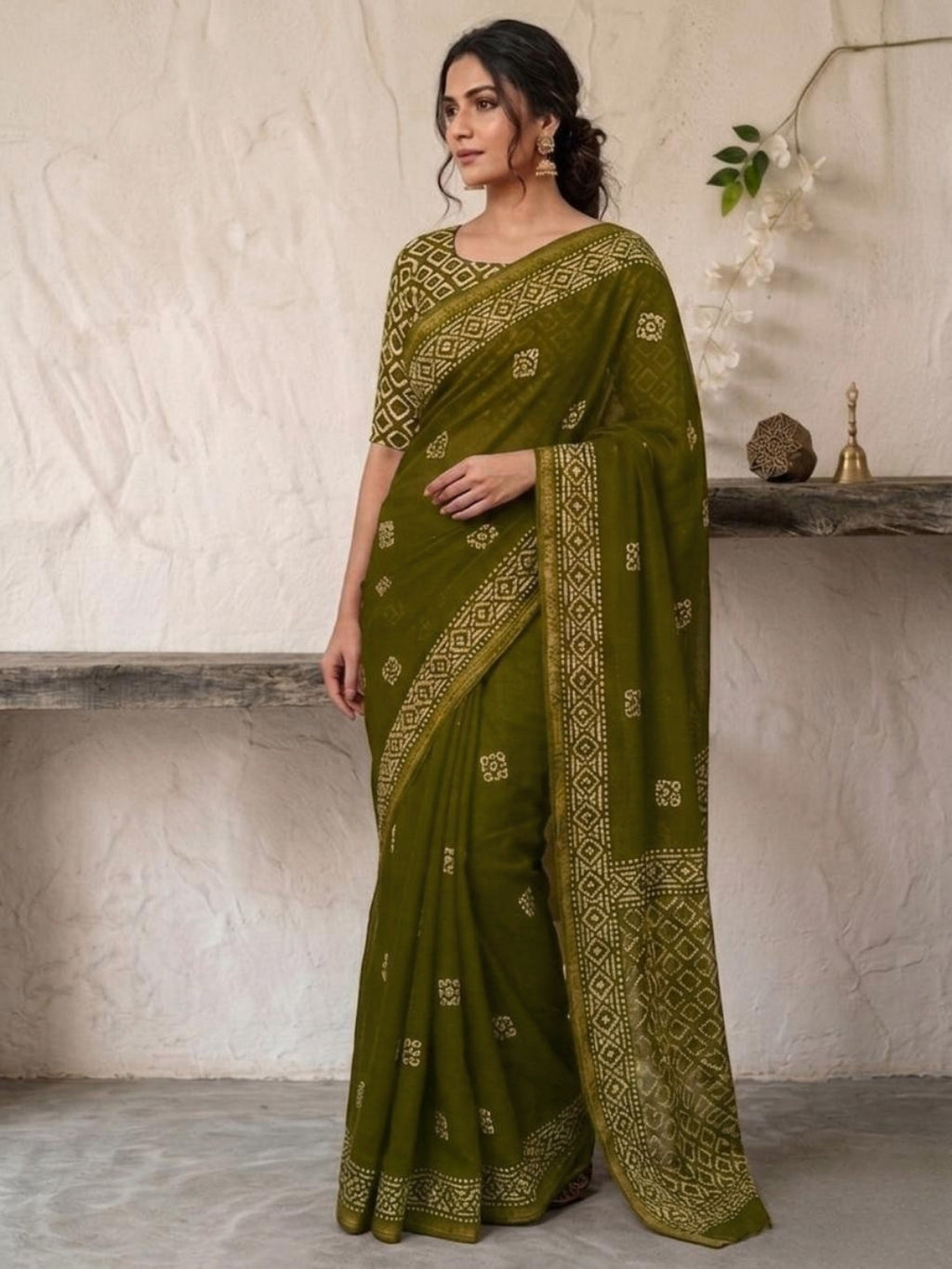 Olive Green Picturesque Cotton Batik Saree with Blouse Piece