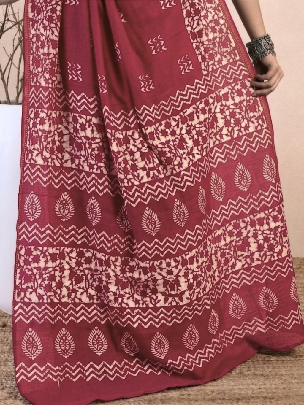 Carrot Ornamental Cotton Batik Saree with Blouse Piece