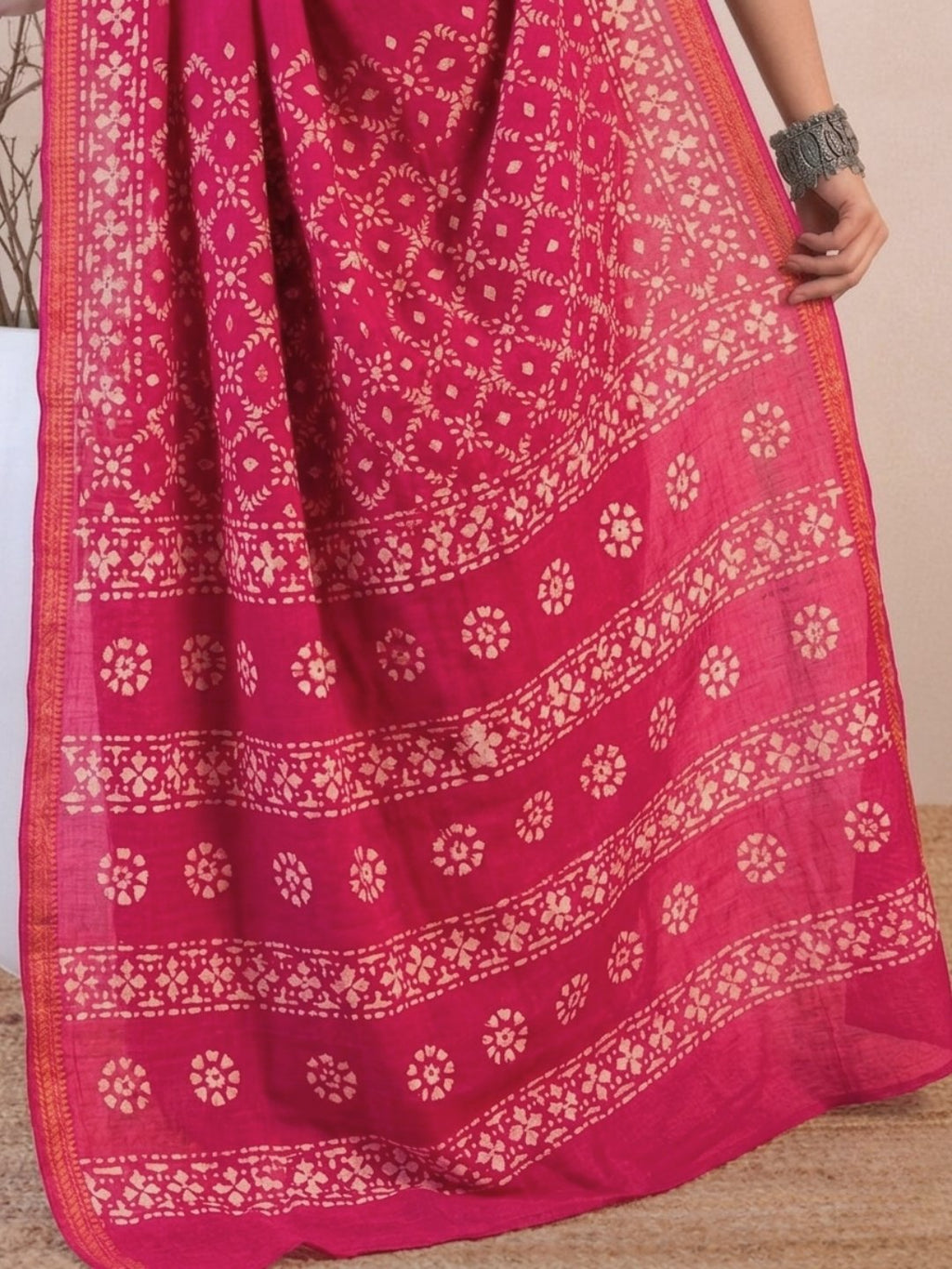 Pink Artistic Cotton Batik Saree with Blouse Piece