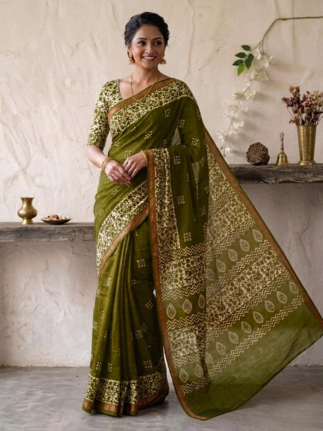 Olive Green Captivating Cotton Batik Saree with Blouse Piece