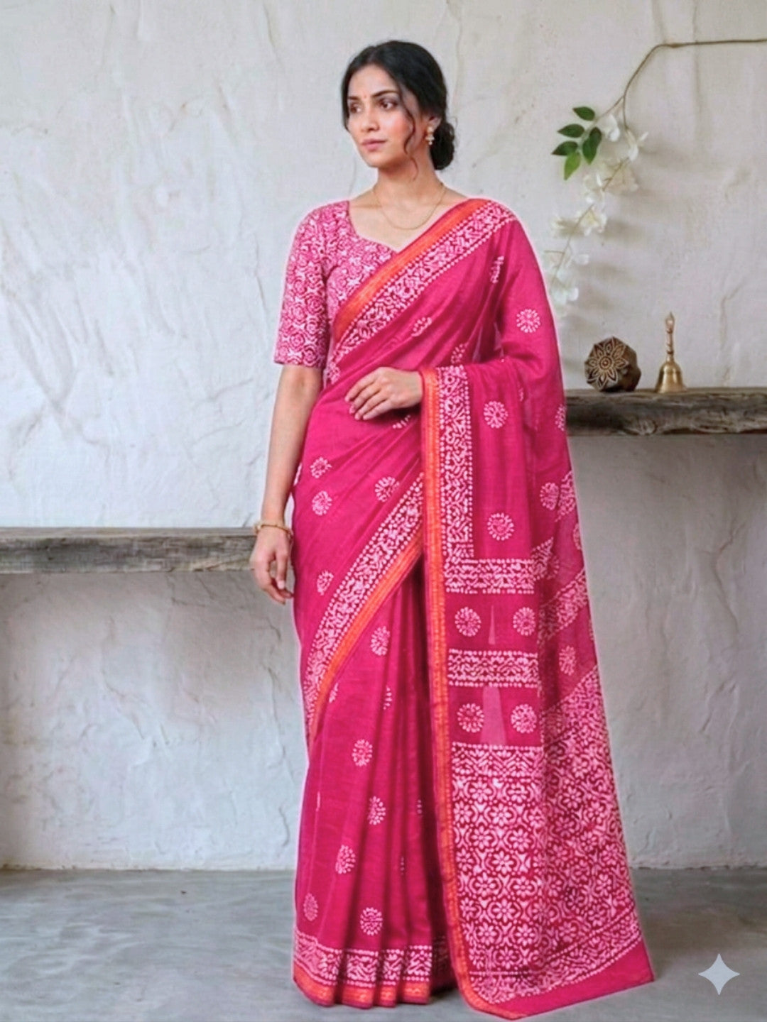 Pink Elegant Cotton Batik Saree with Blouse Piece