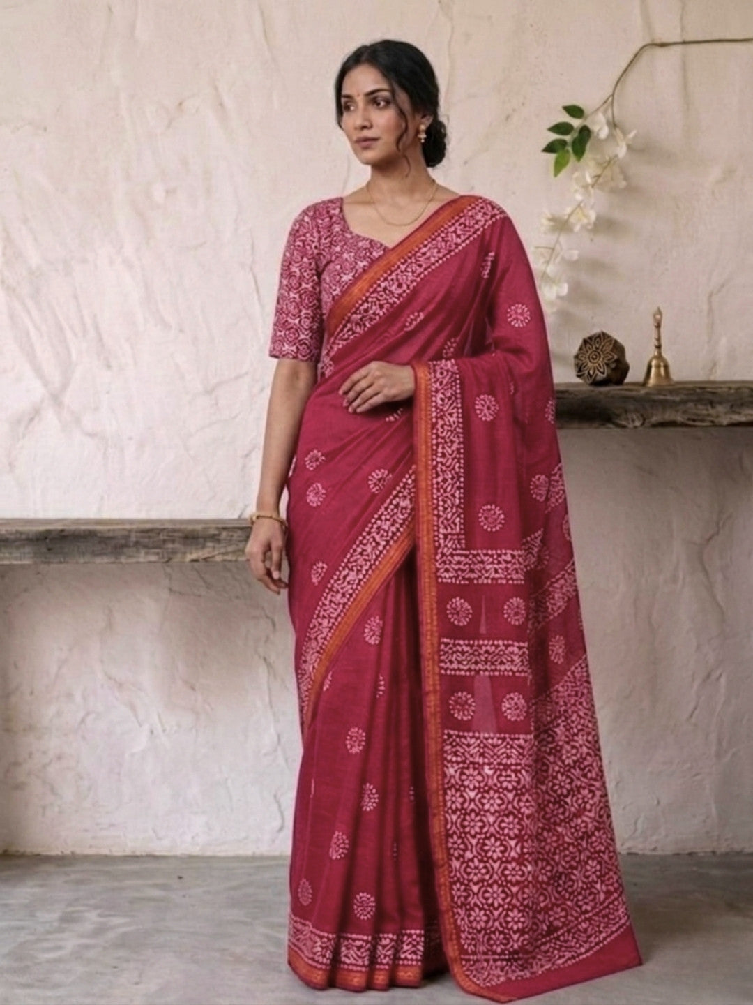 Carrot Classic Cotton Batik Saree with Blouse Piece