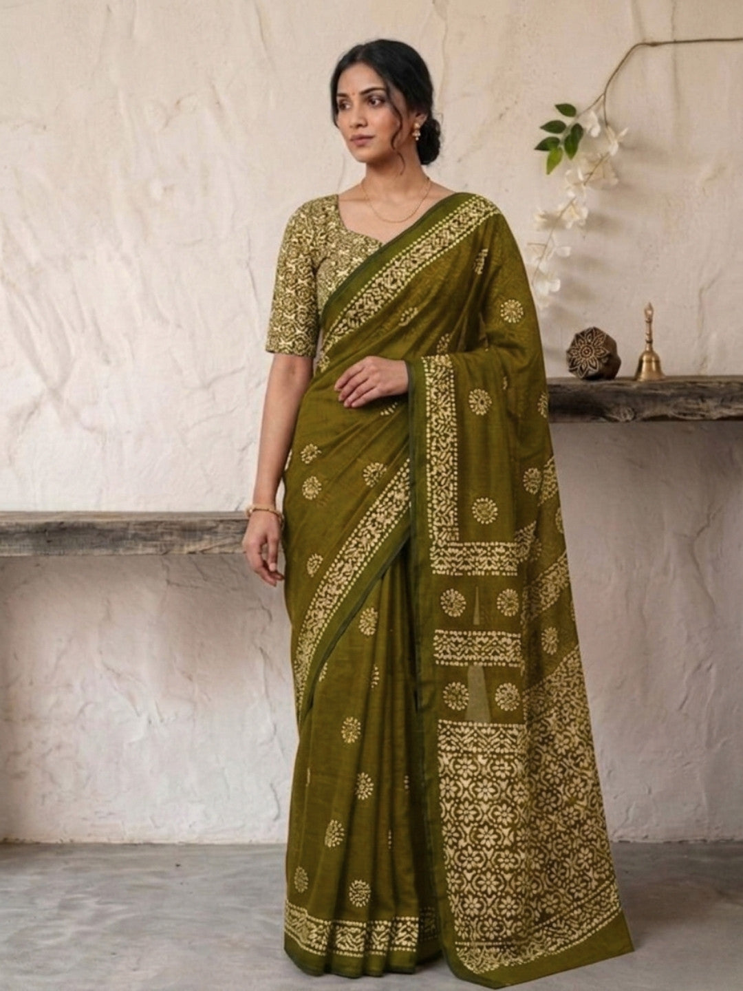 Olive Green Radiant Cotton Batik Saree with Blouse Piece