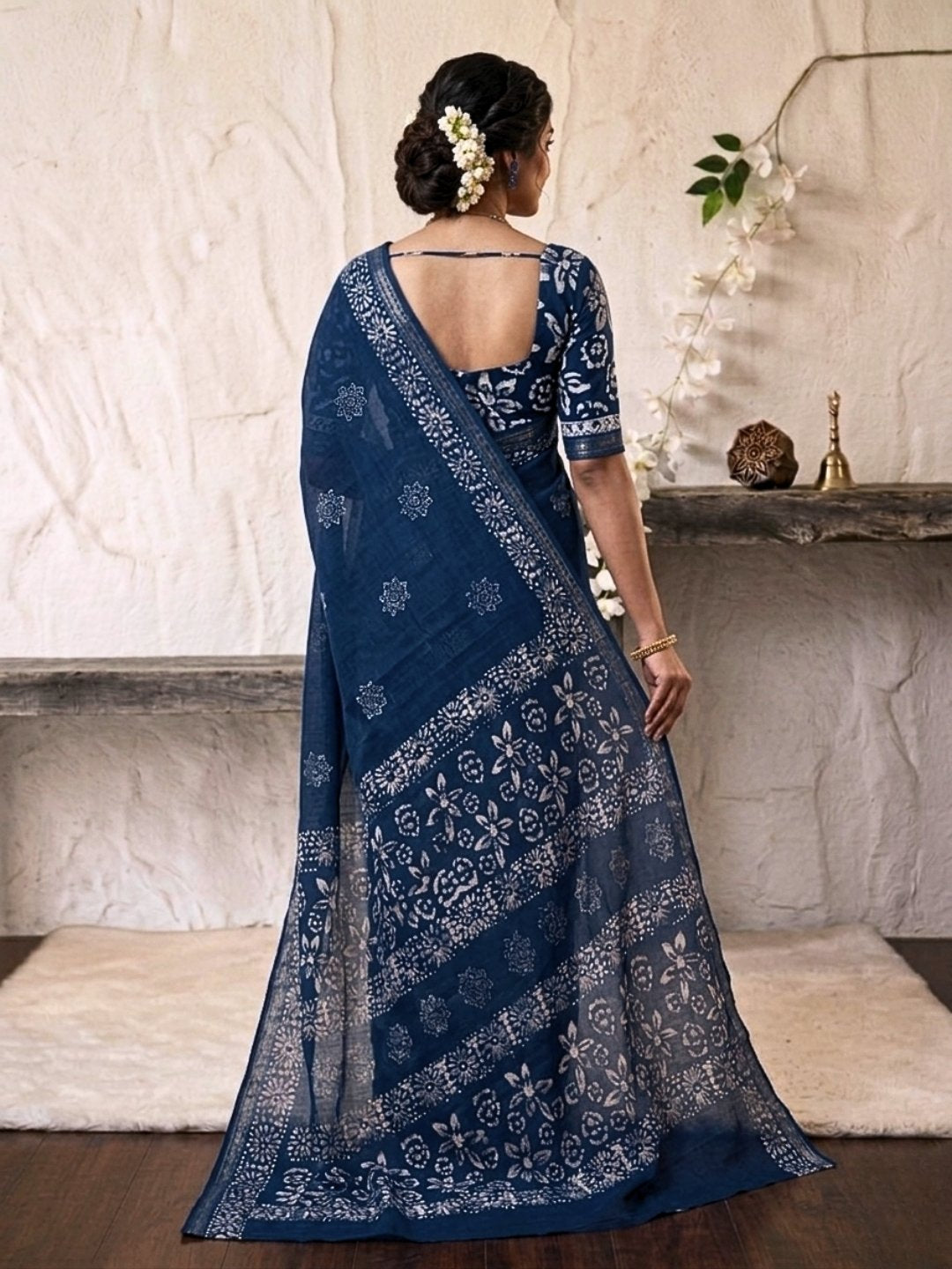 Indigo Elegant Cotton Batik Saree with Blouse Piece