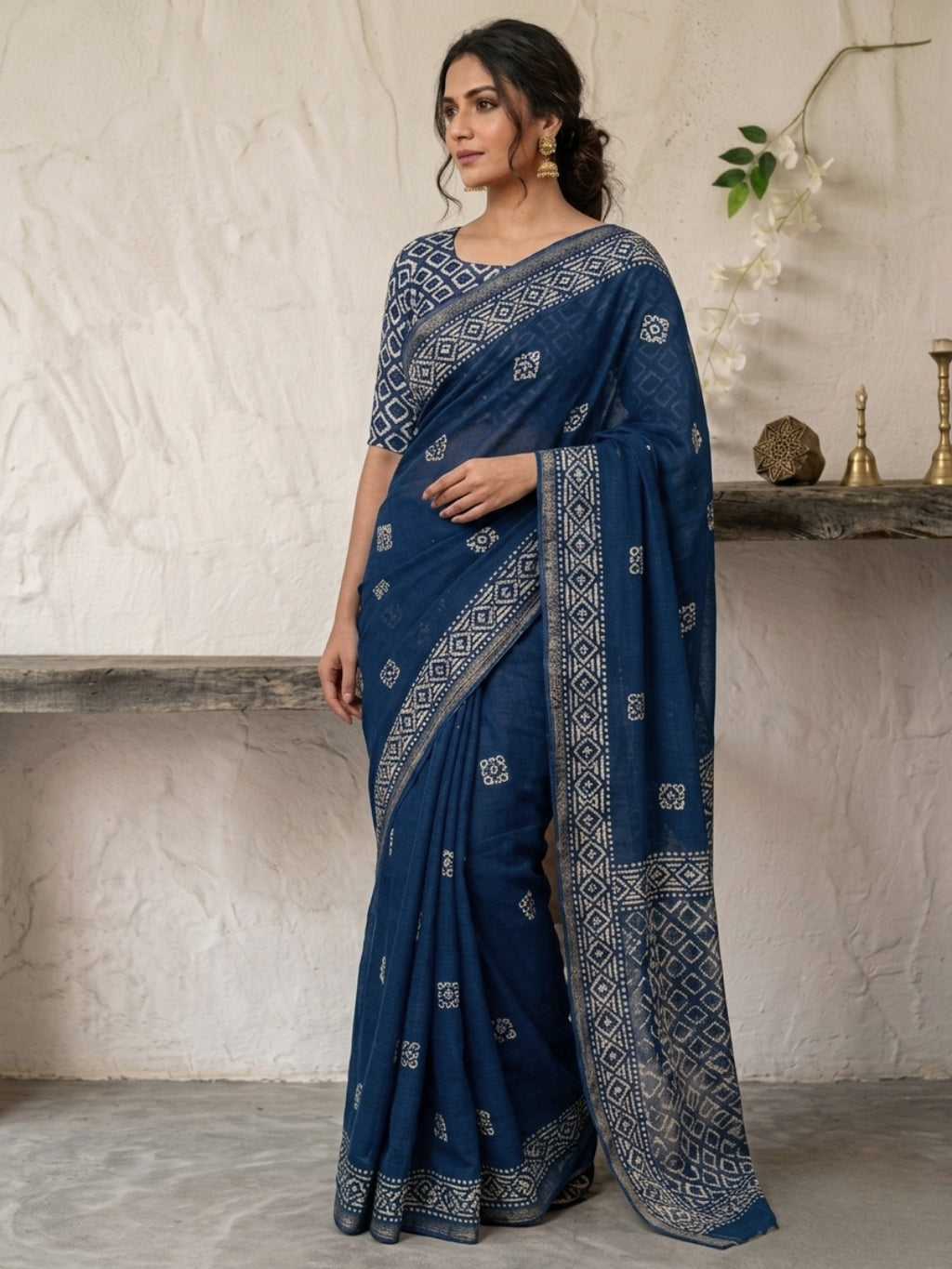 Indigo Premium Cotton Batik Saree with Blouse Piece