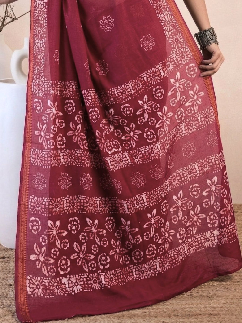 Carrot Striking Cotton Batik Saree with Blouse Piece