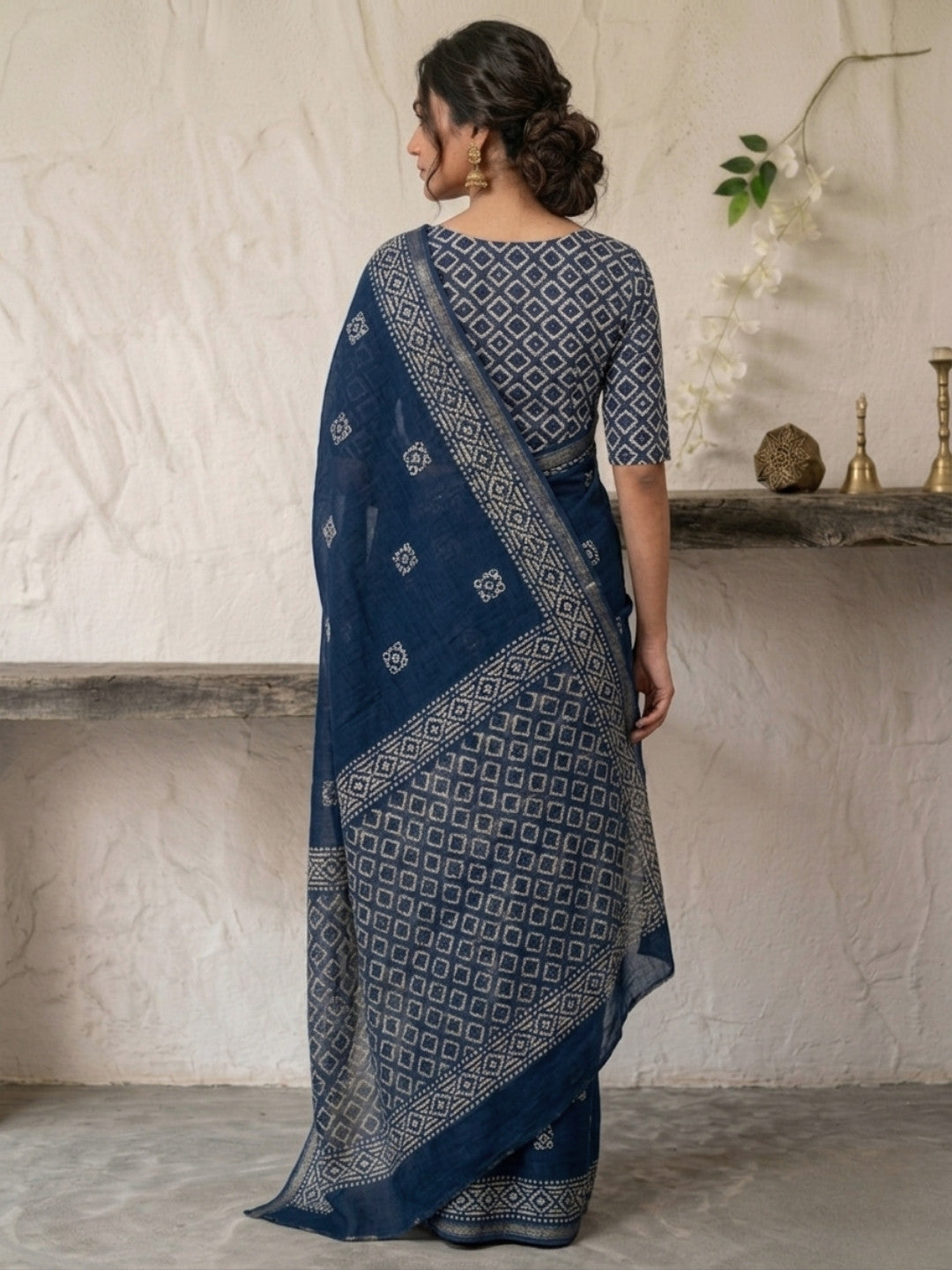 Indigo Premium Cotton Batik Saree with Blouse Piece