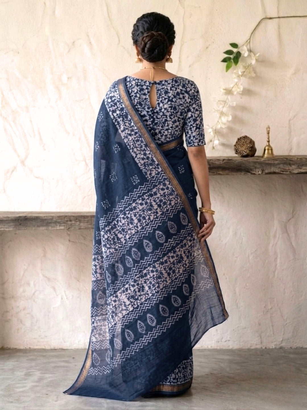 Indigo Premium Cotton Batik Saree with Blouse Piece