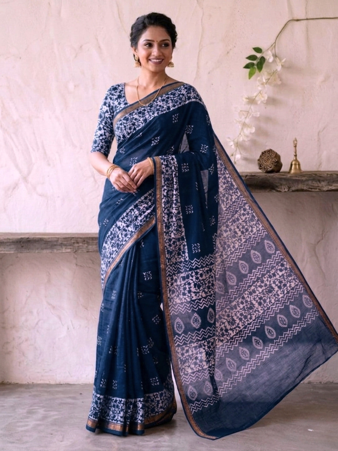 Indigo Premium Cotton Batik Saree with Blouse Piece