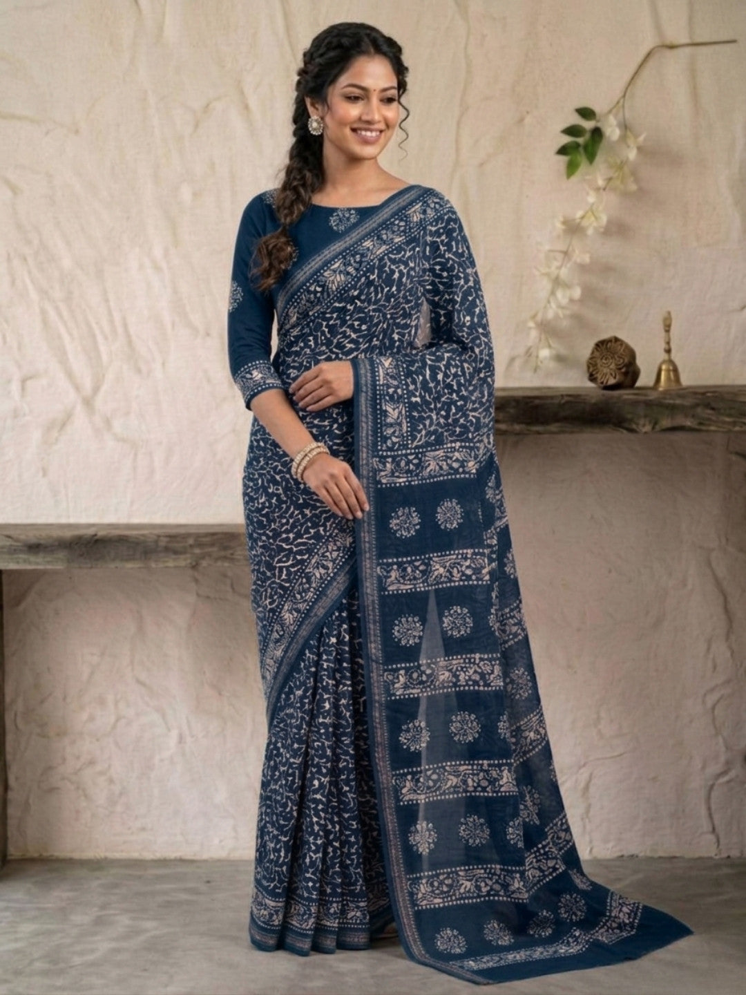 Indigo Traditional Cotton Batik Saree with Blouse Piece