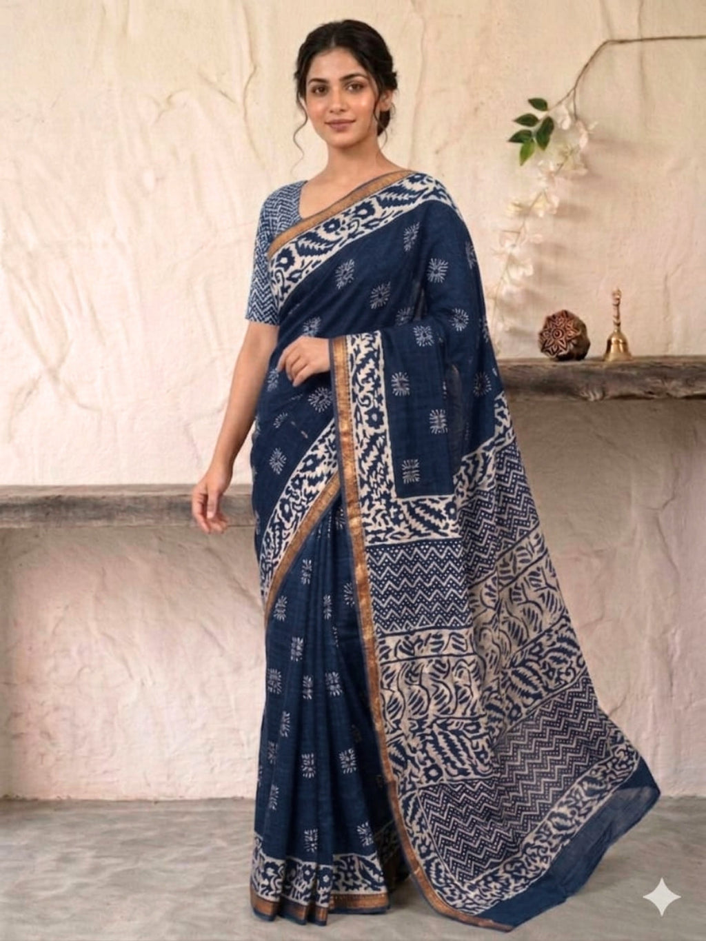 Indigo Floral Prints Cotton Batik Saree with Blouse Piece